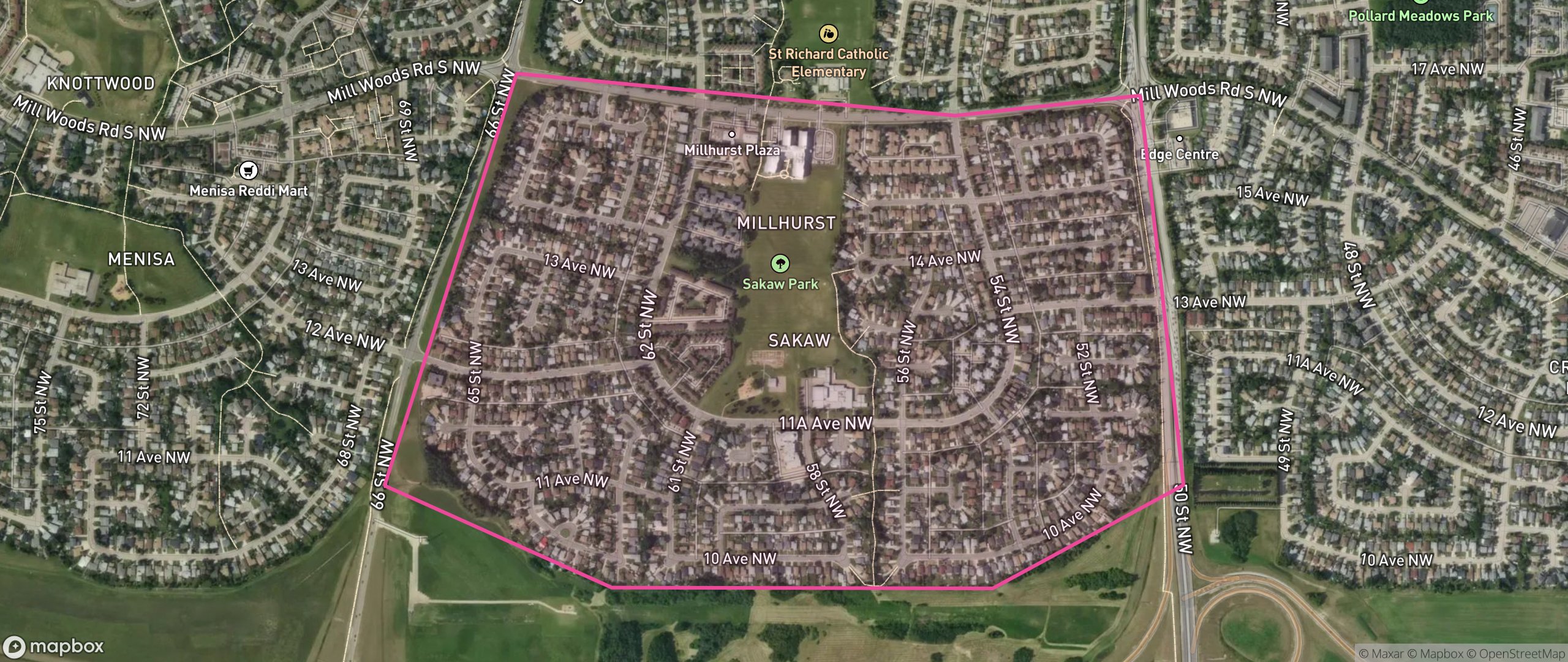 Map of Sakaw, Edmonton showing the community boundary