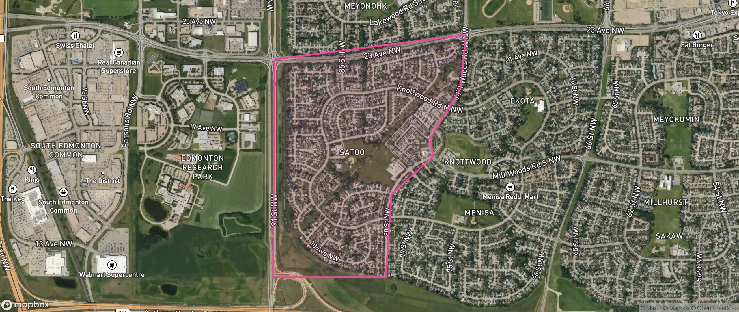 Map of Satoo, Edmonton showing the community boundary