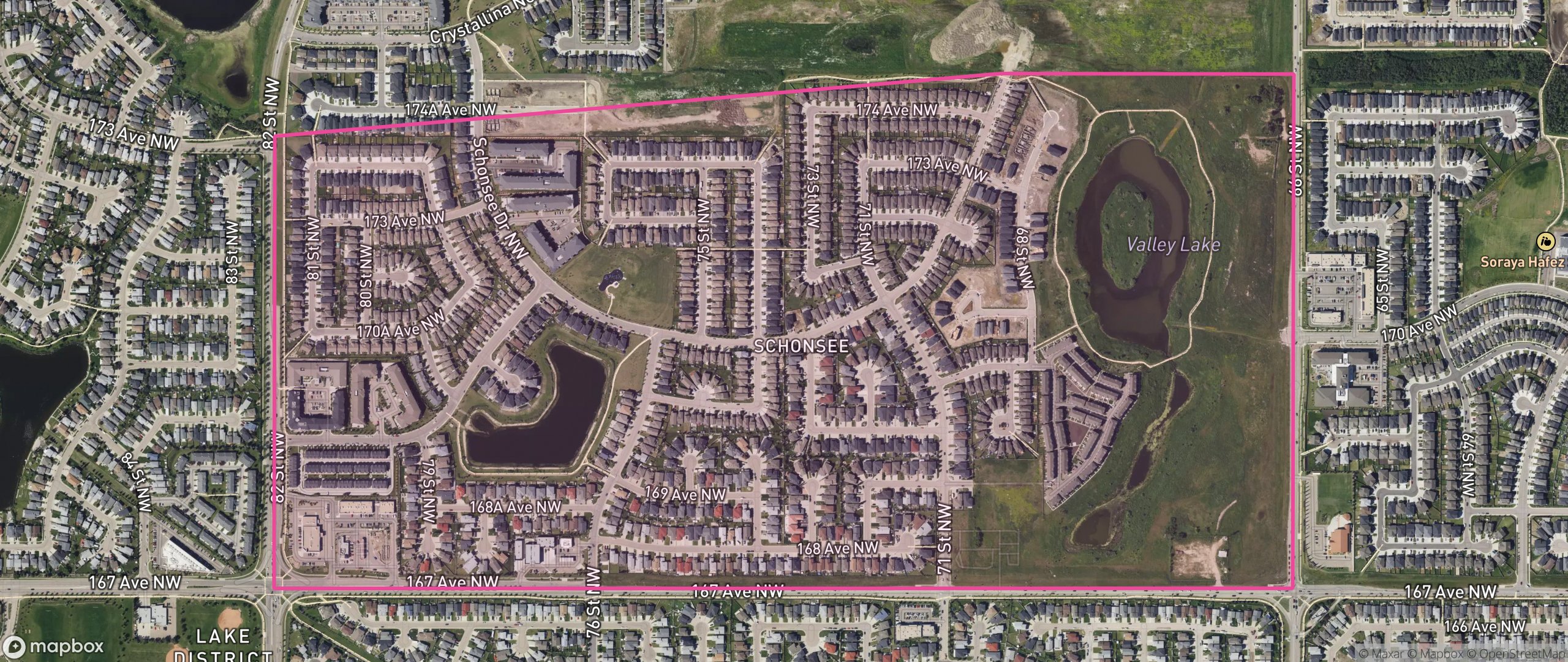 Map of Schonsee, Edmonton showing the community boundary