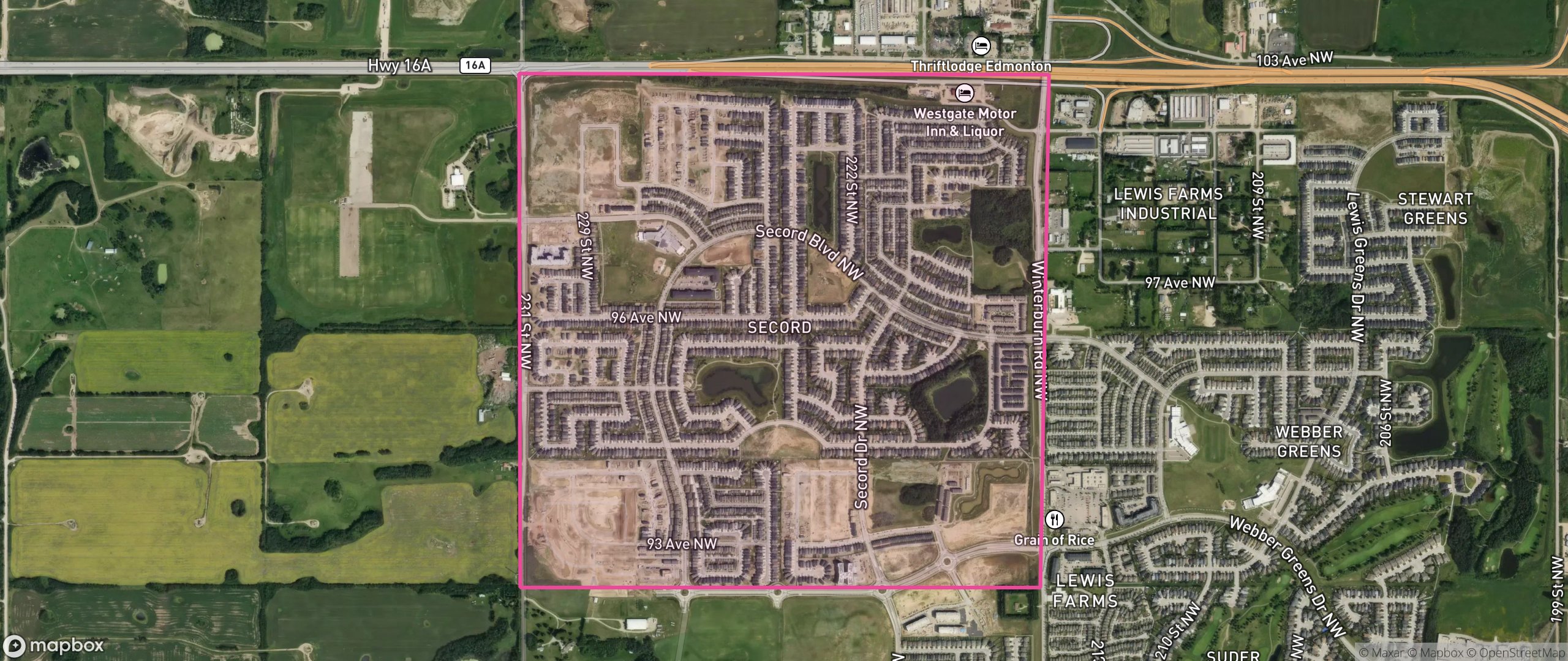 Map of Secord, Edmonton showing the community boundary
