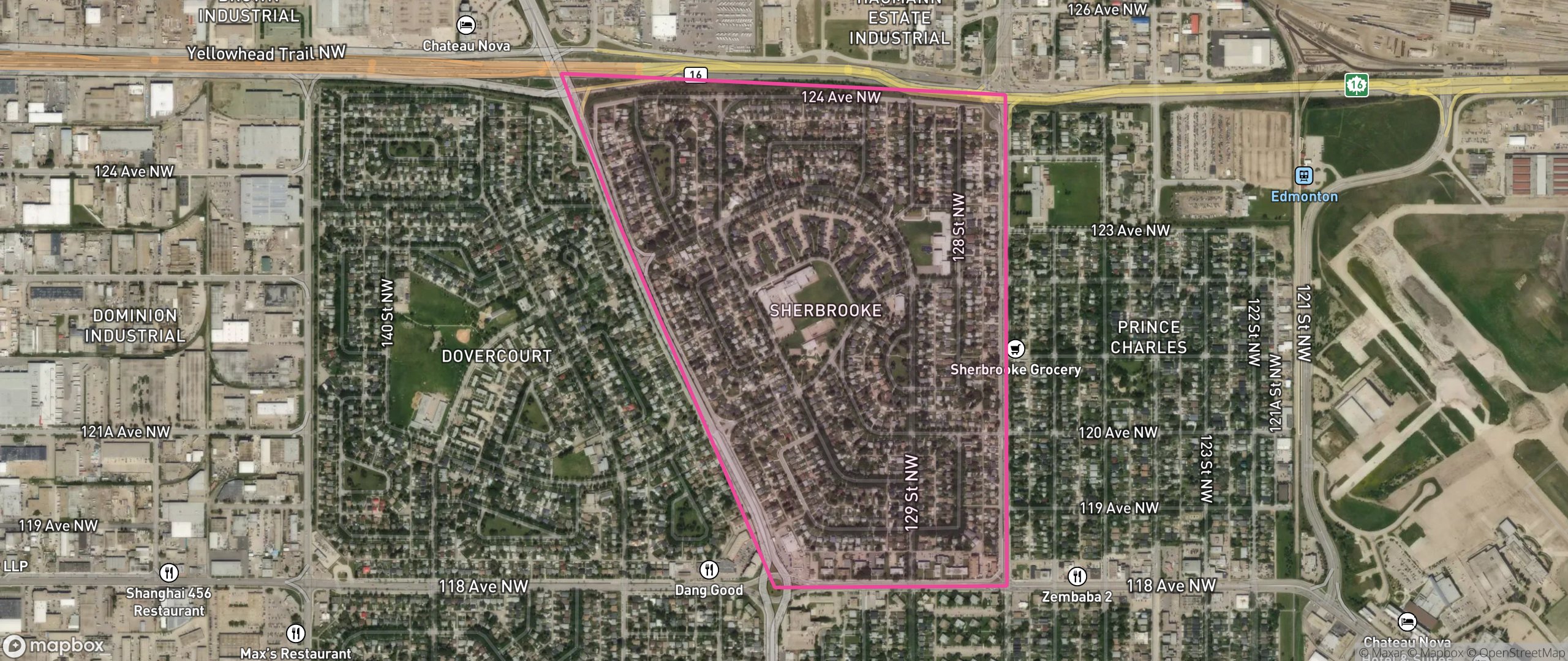 Map of Sherbrooke, Edmonton showing the community boundary
