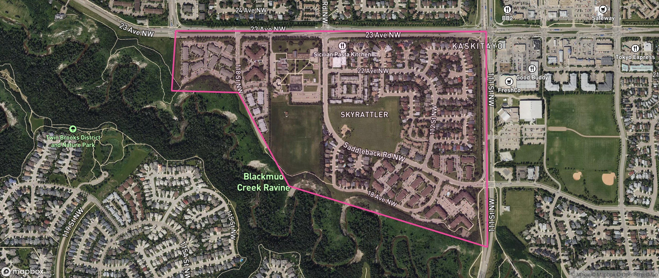Map of Skyrattler, Edmonton showing the community boundary