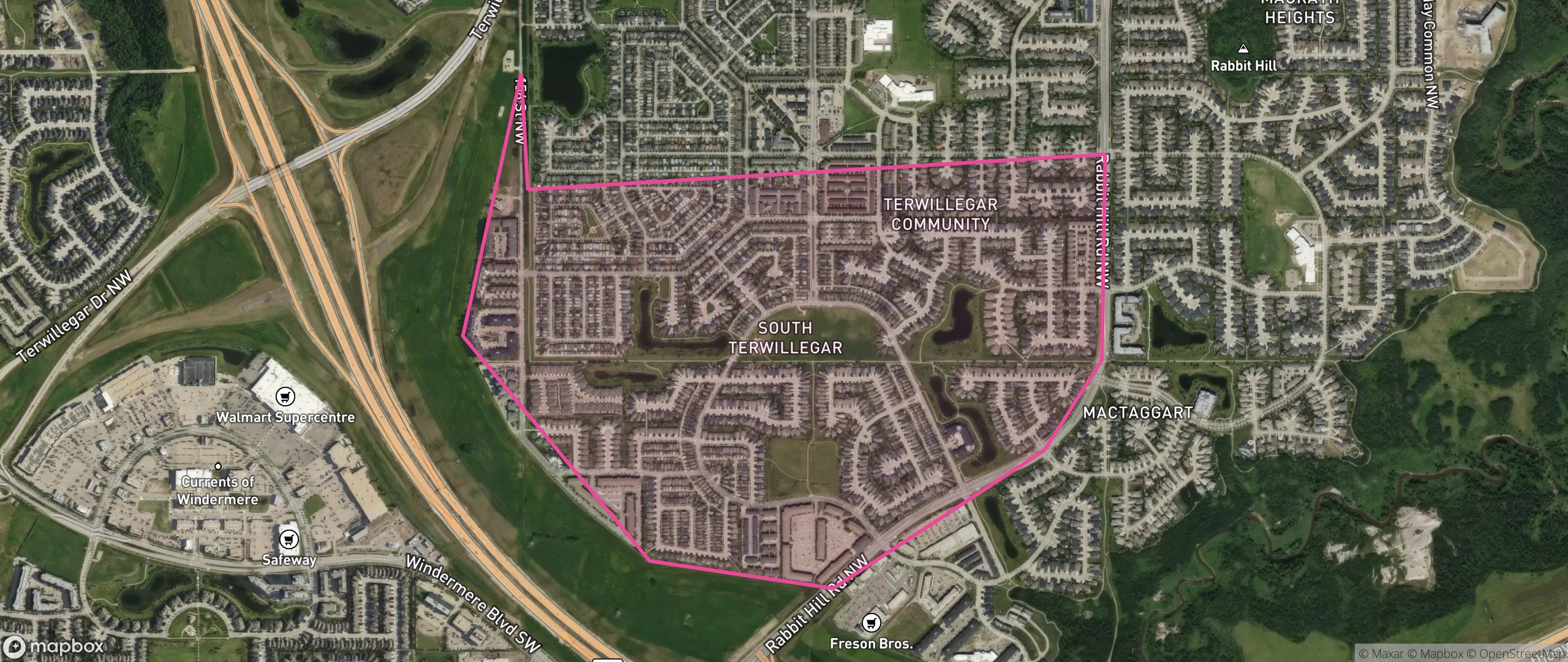 Map of South Terwillegar, Edmonton showing the community boundary