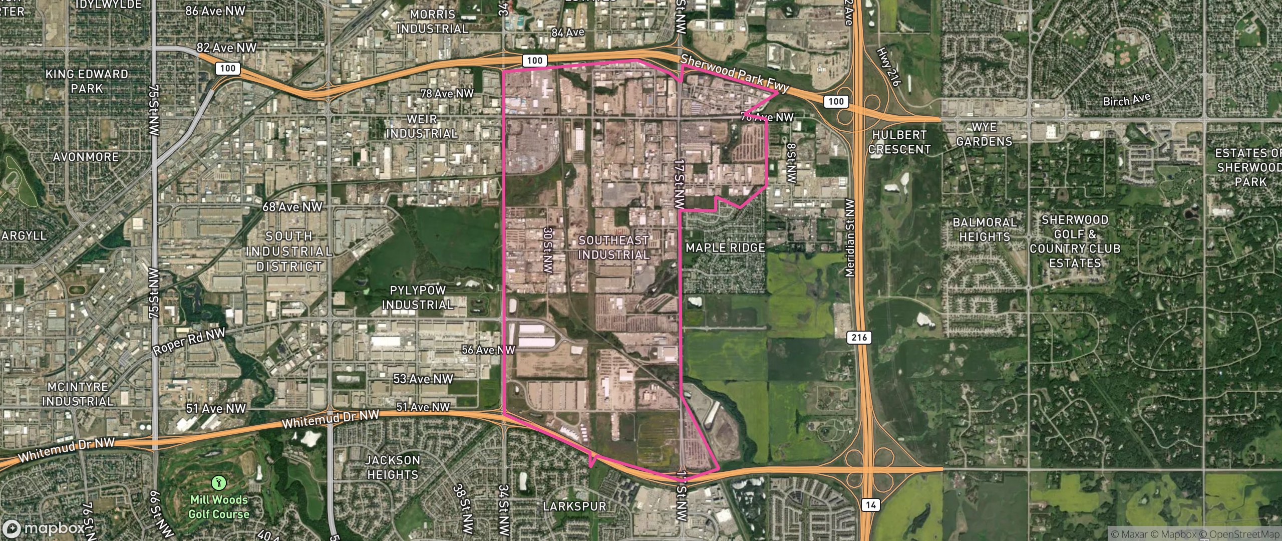 Map of Southeast Industrial, Edmonton showing the community boundary