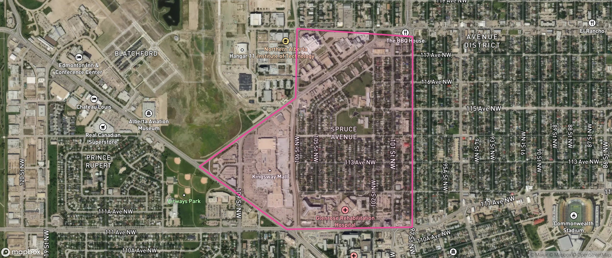 Map of Spruce Avenue, Edmonton showing the community boundary