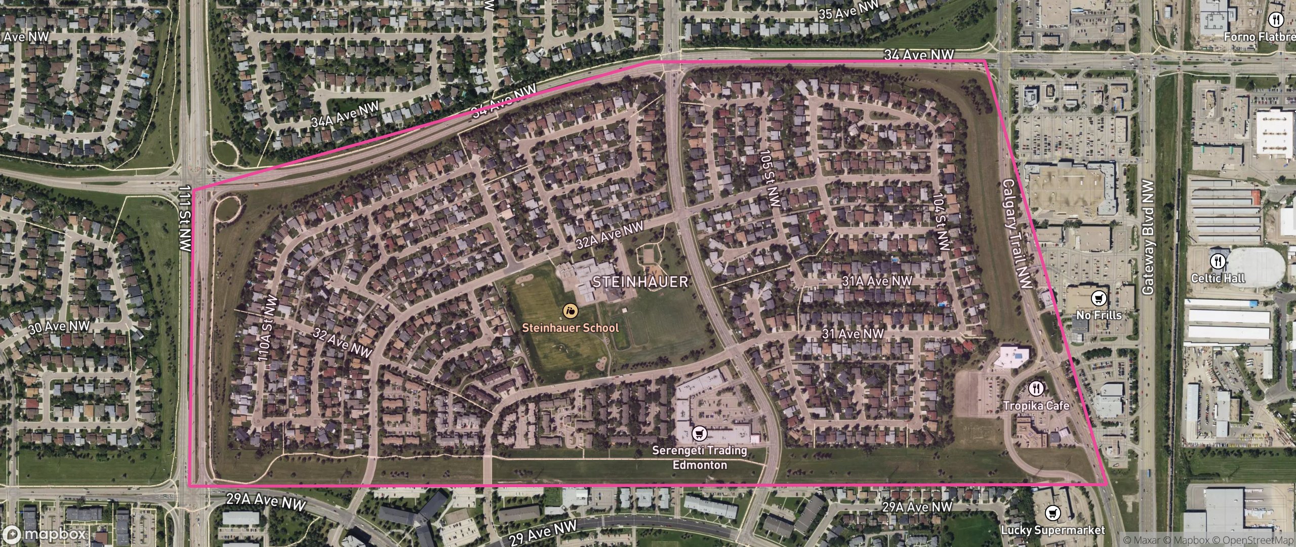 Map of Steinhauer, Edmonton showing the community boundary