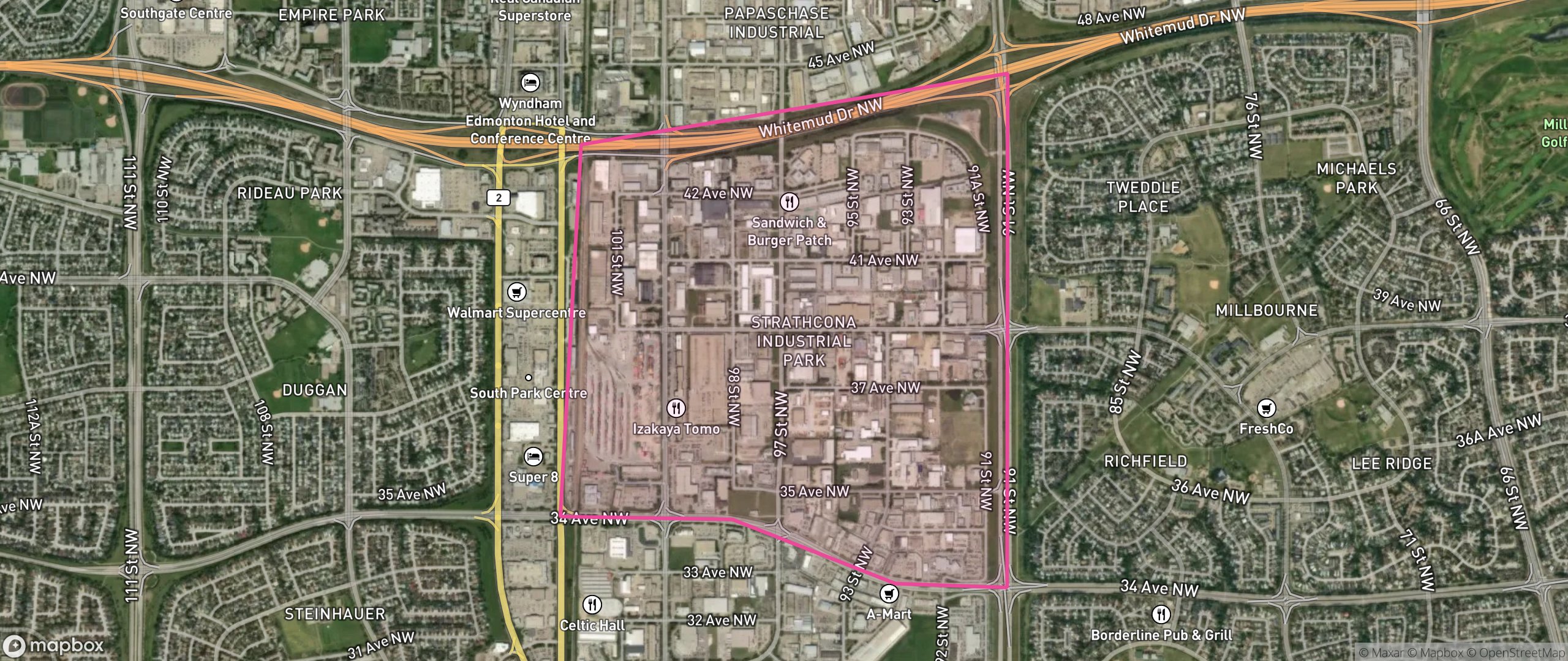 Map of Strathcona Industrial Park, Edmonton showing the community boundary