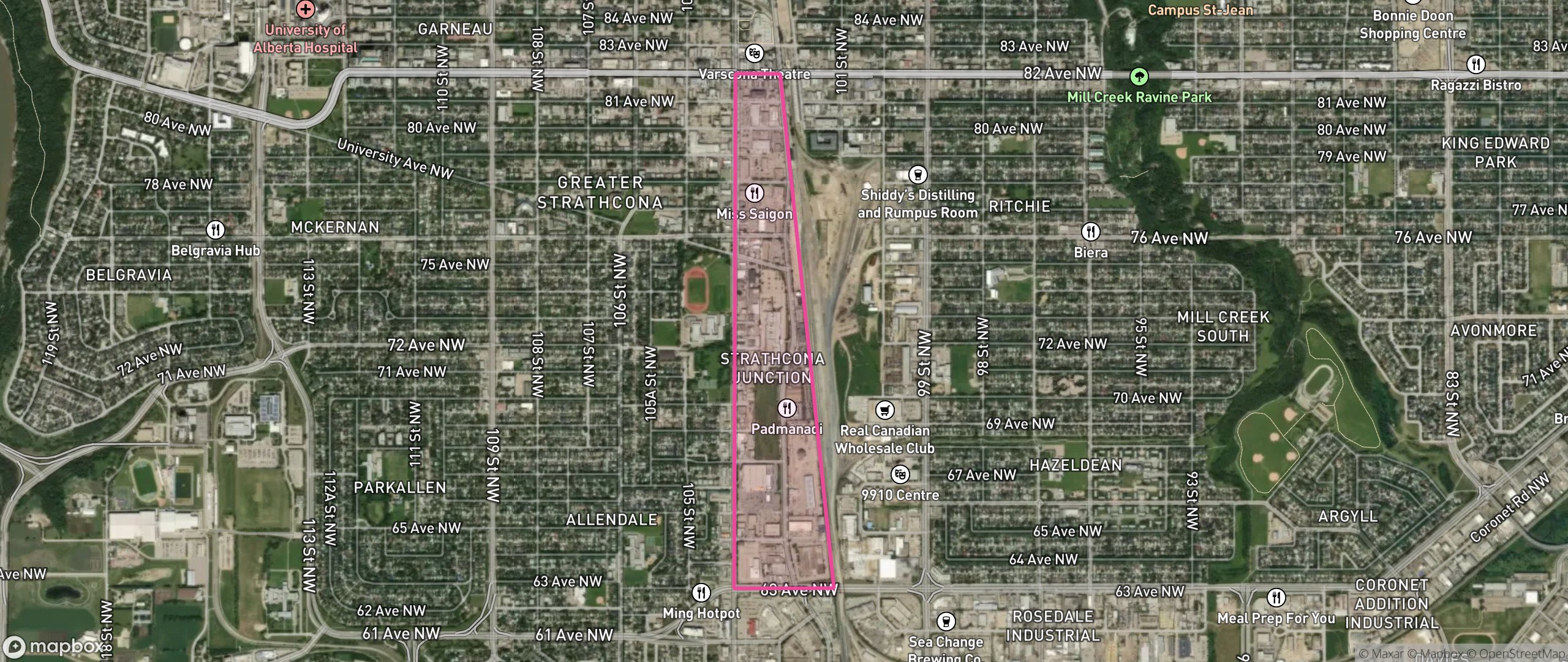 Map of Strathcona Junction, Edmonton showing the community boundary