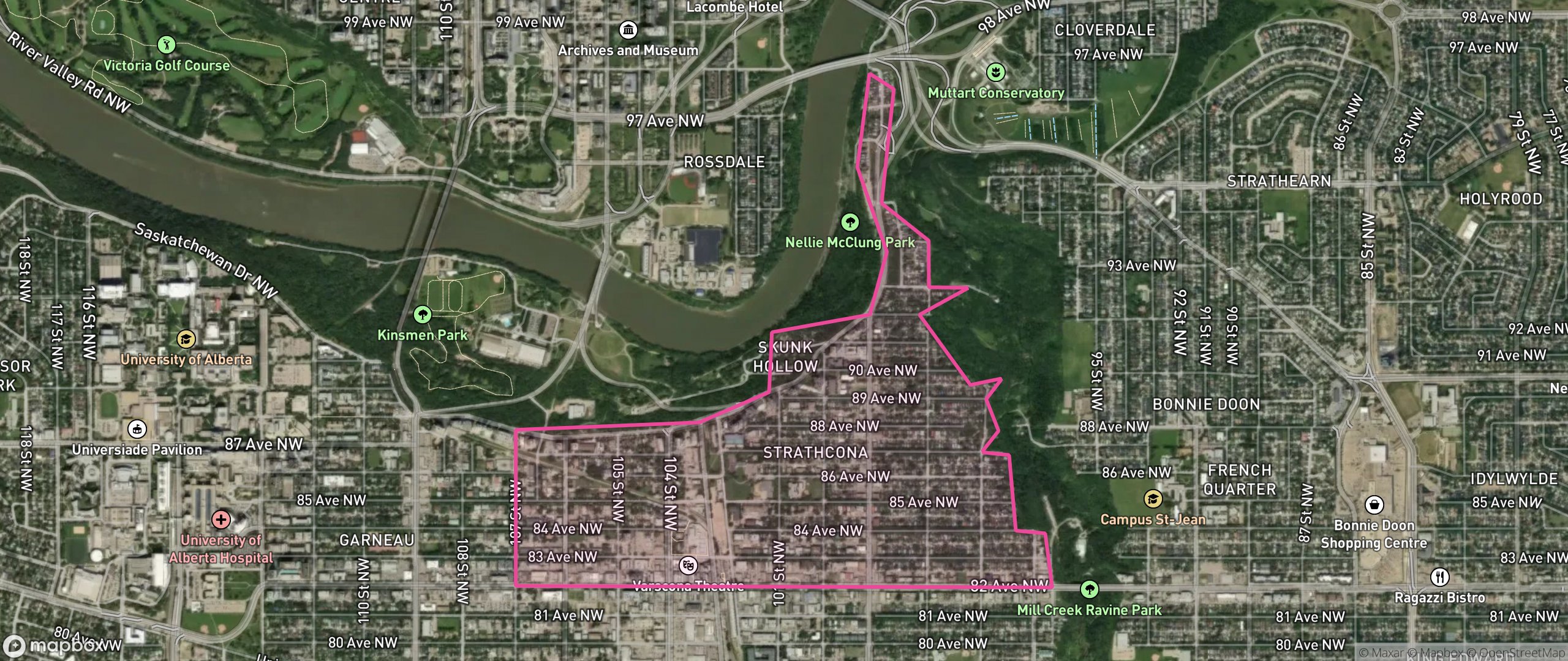 Map of Strathcona, Edmonton showing the community boundary