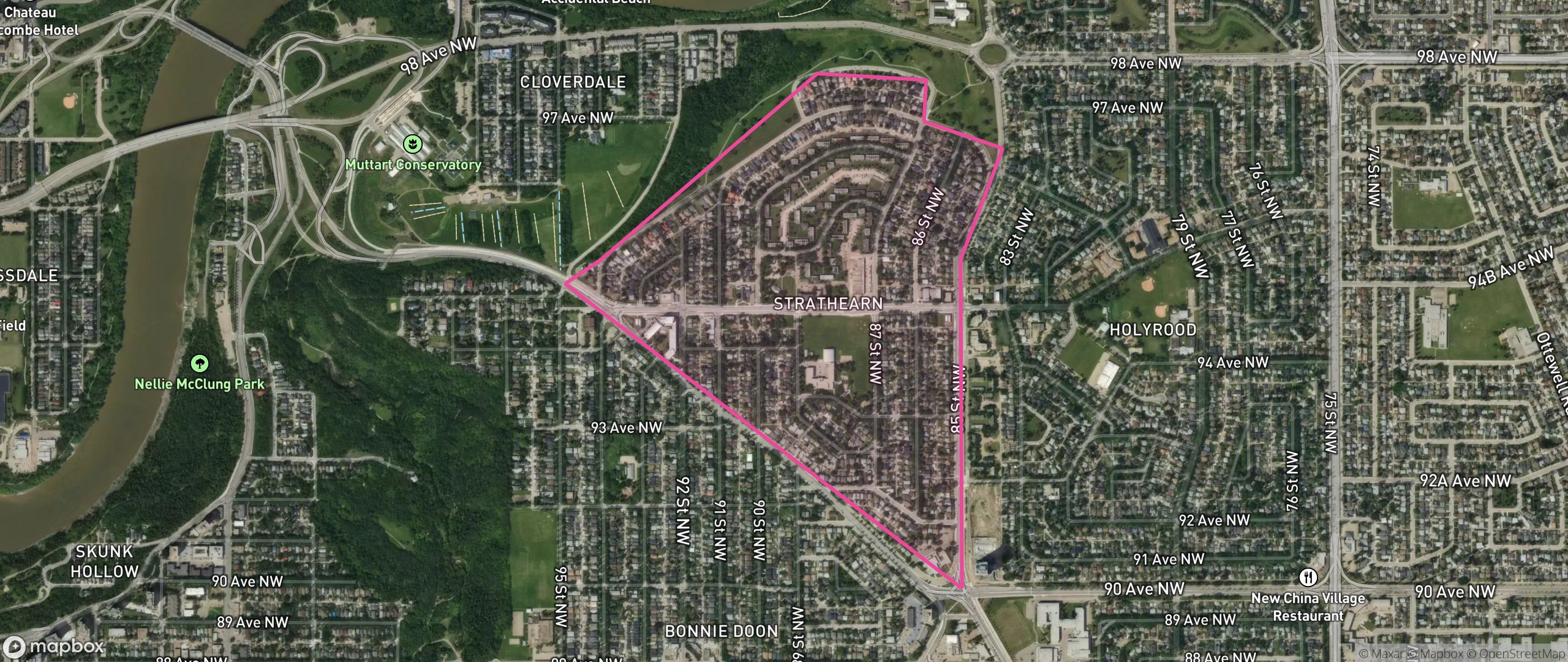 Map of Strathearn, Edmonton showing the community boundary