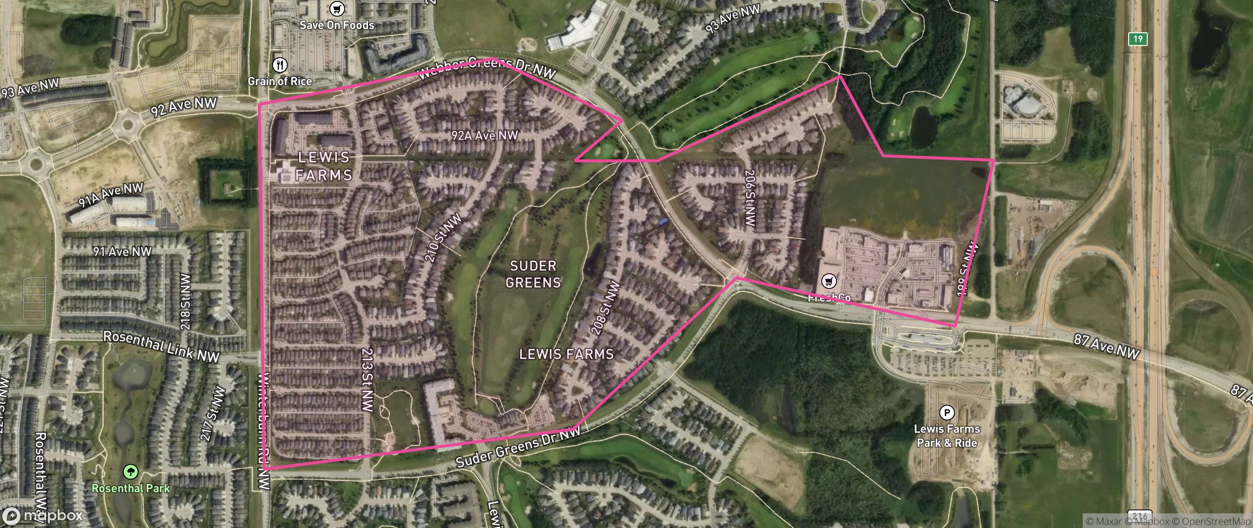 Map of Suder Greens, Edmonton showing the community boundary