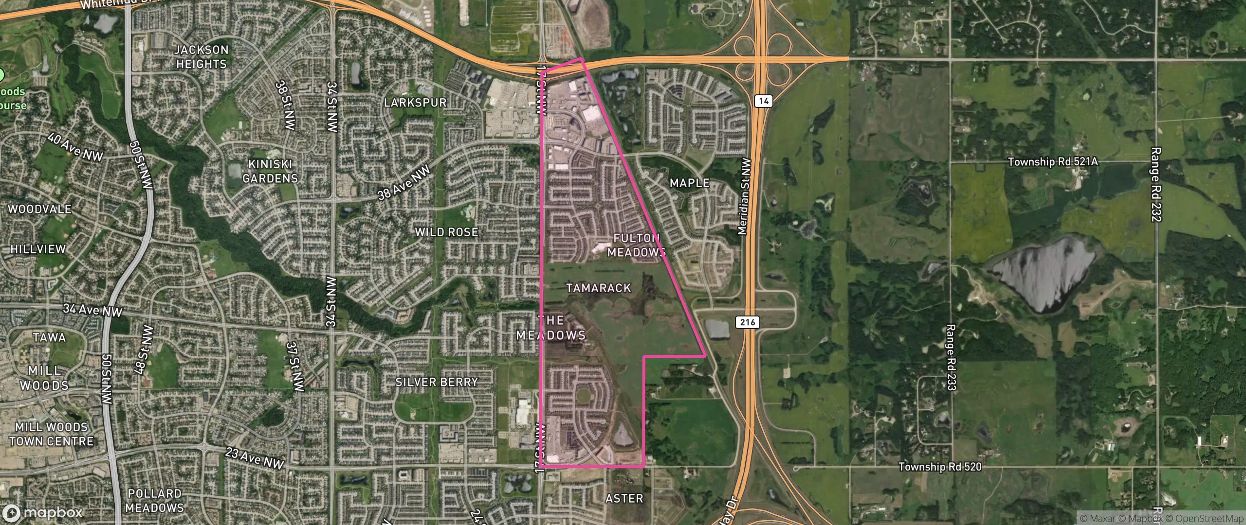 Map of Tamarack, Edmonton showing the community boundary