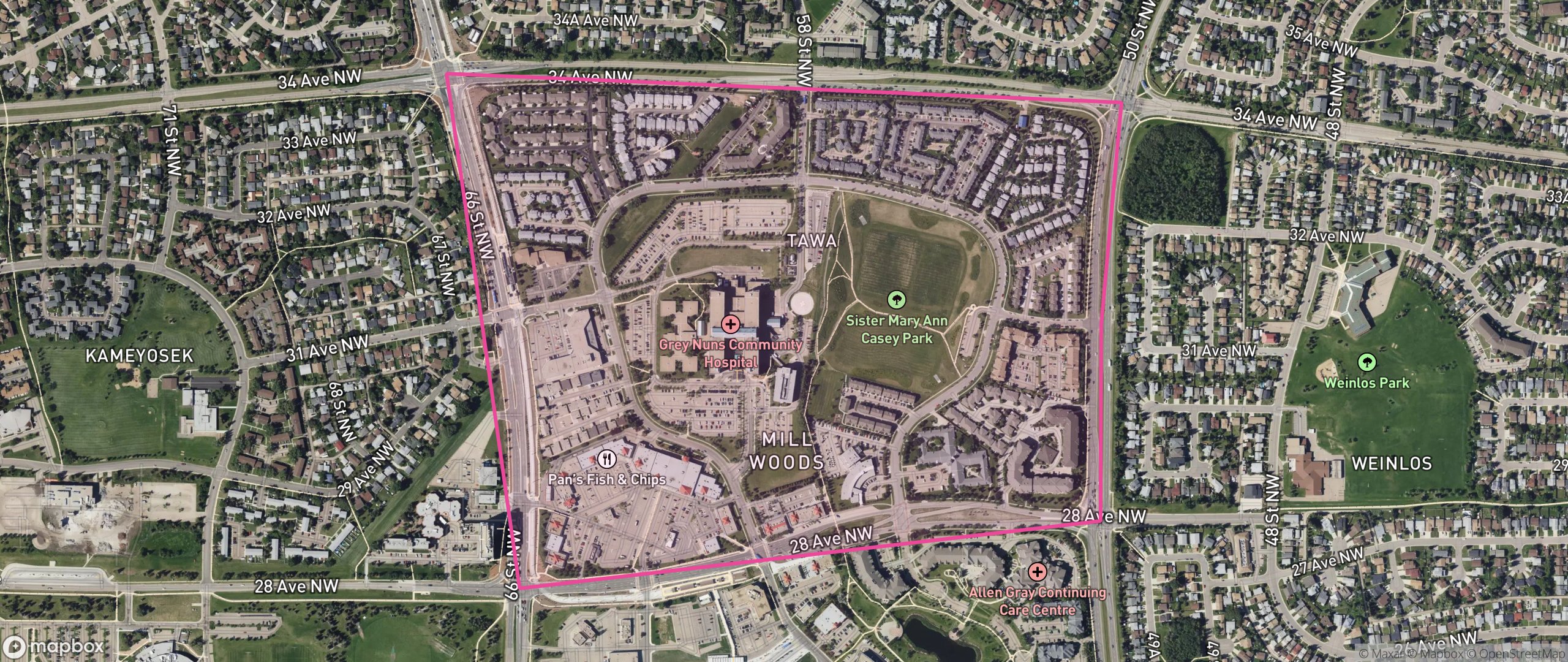 Map of Tawa, Edmonton showing the community boundary