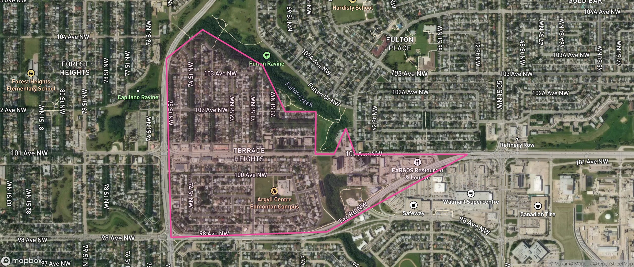 Map of Terrace Heights, Edmonton showing the community boundary
