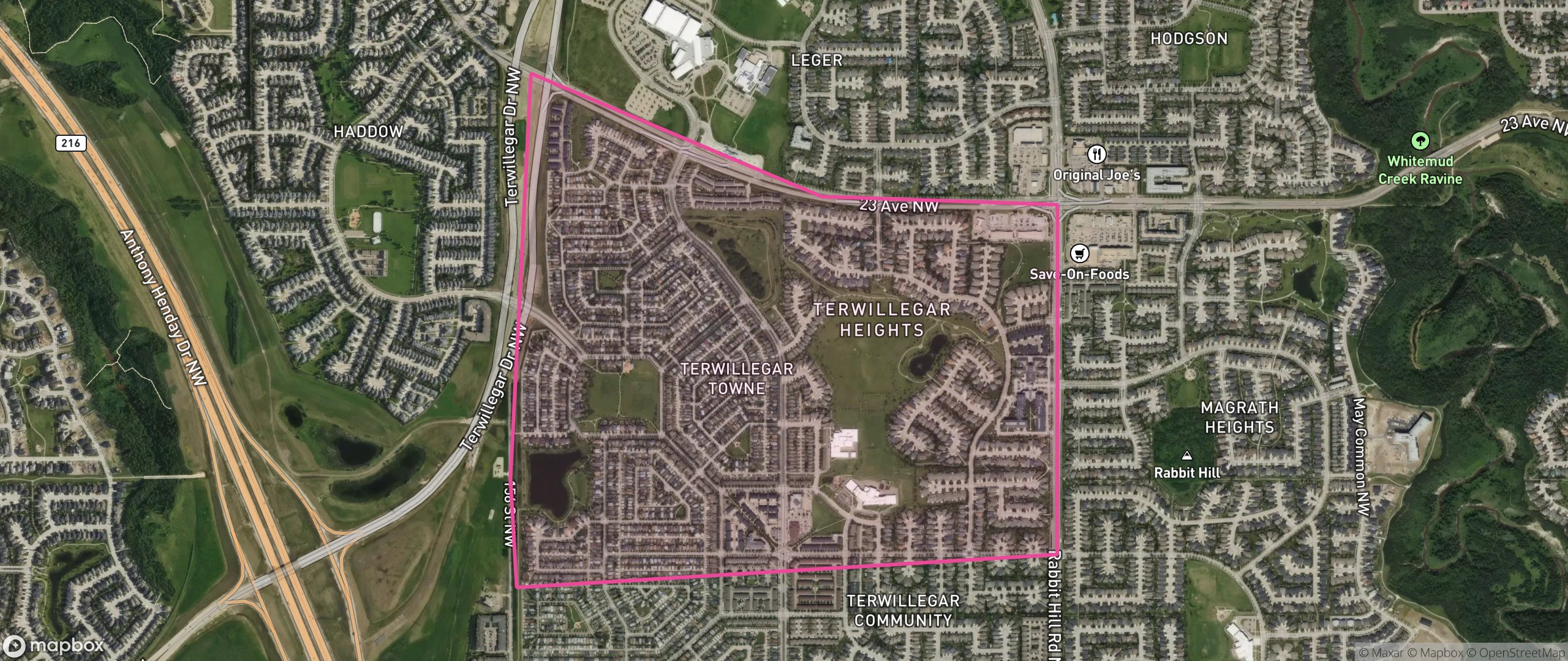 Map of Terwillegar Towne, Edmonton showing the community boundary