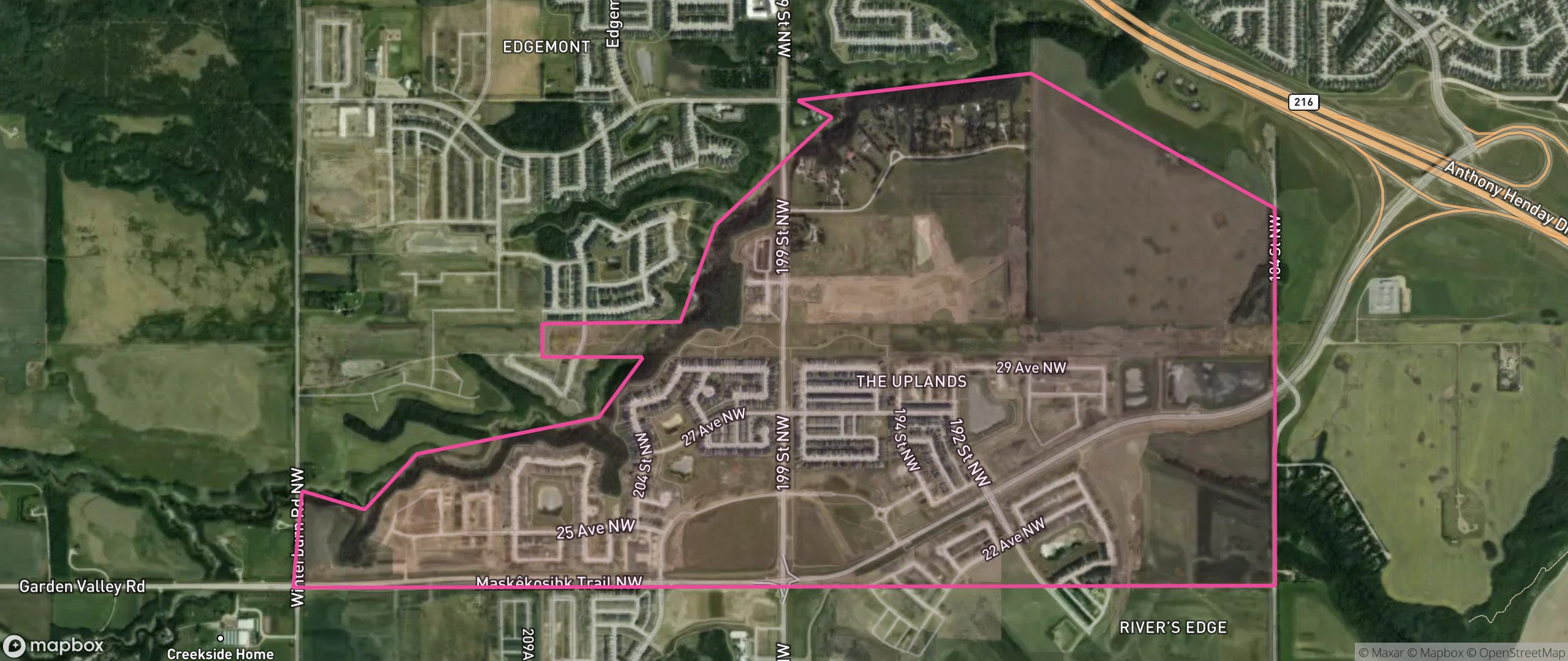Map of The Uplands, Edmonton showing the community boundary