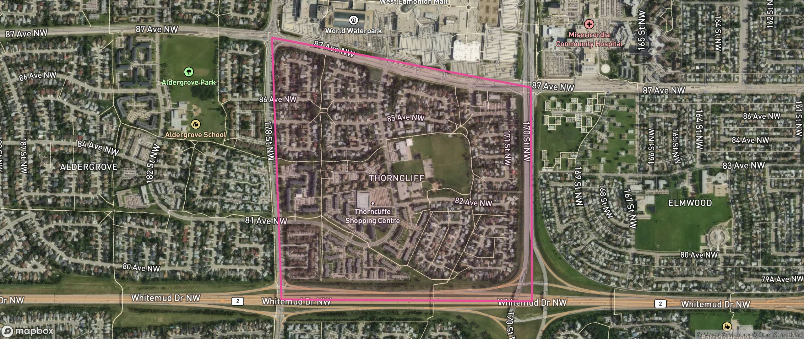 Map of Thorncliff, Edmonton showing the community boundary