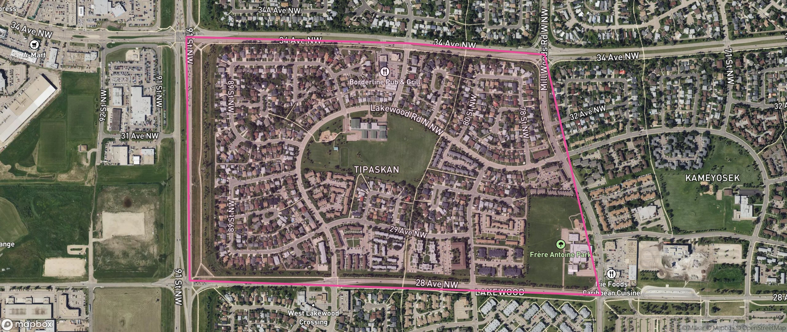 Map of Tipaskan, Edmonton showing the community boundary