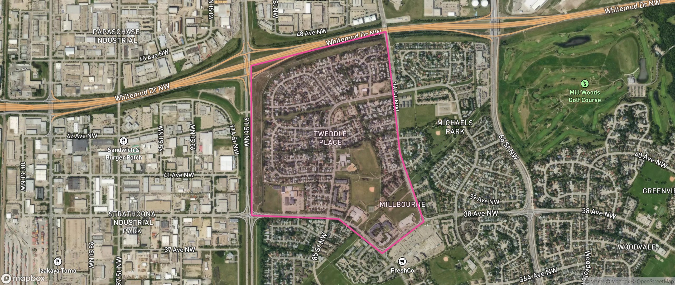 Map of Tweddle Place, Edmonton showing the community boundary