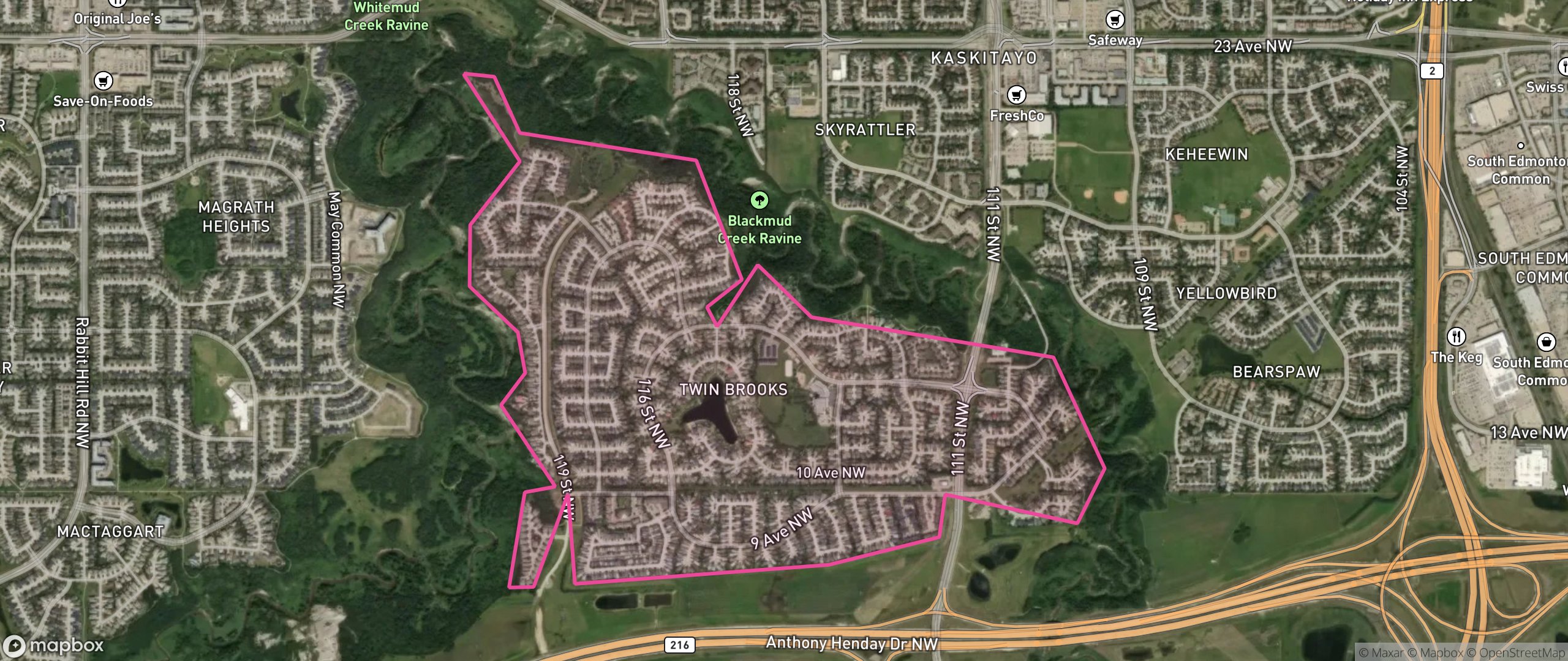 Map of Twin Brooks, Edmonton showing the community boundary