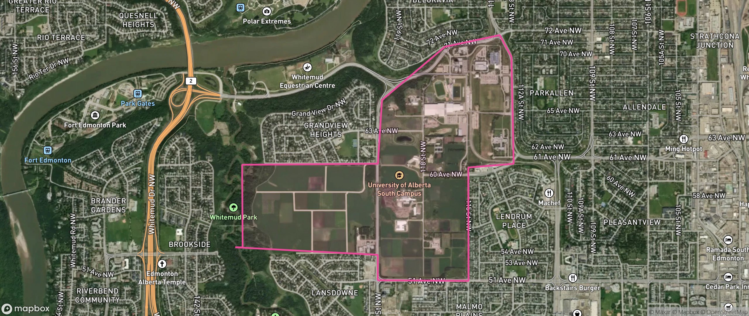 Map of University of Alberta Farm, Edmonton showing the community boundary