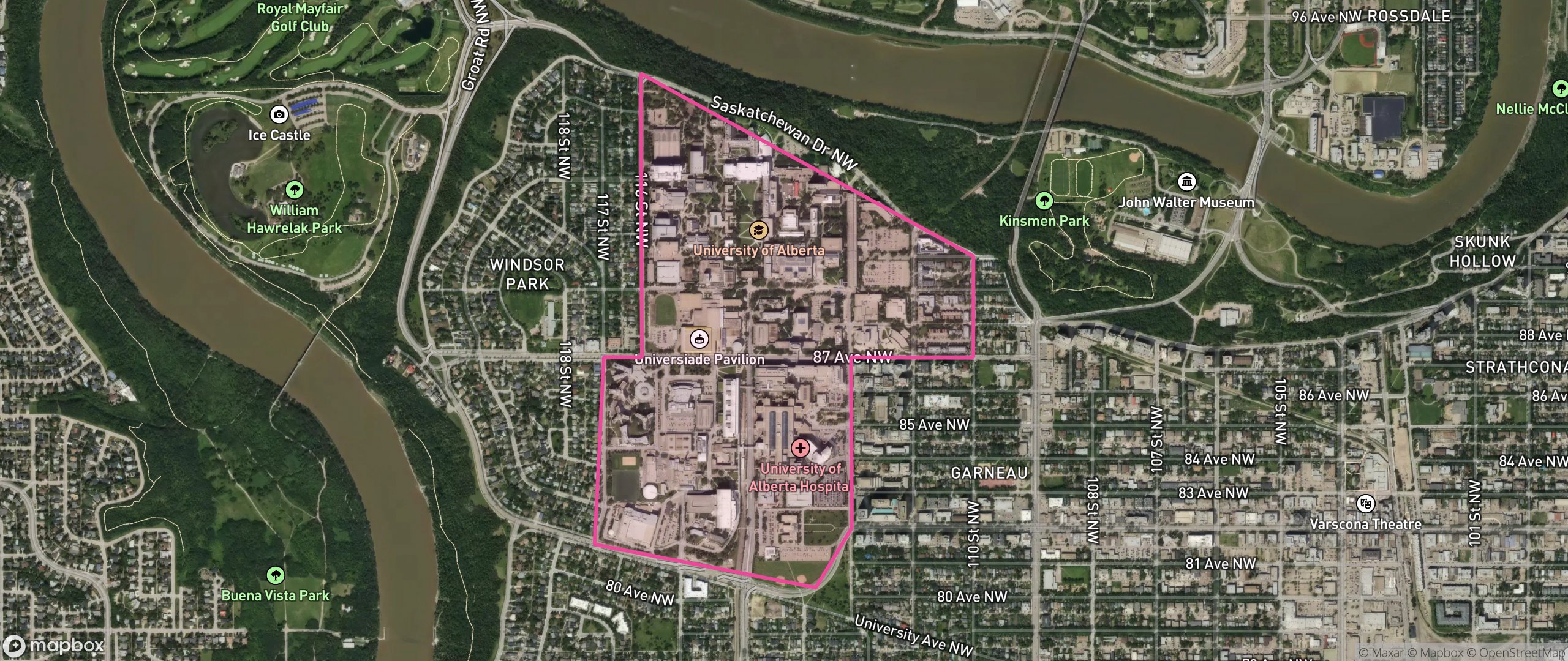 Map of University of Alberta, Edmonton showing the community boundary