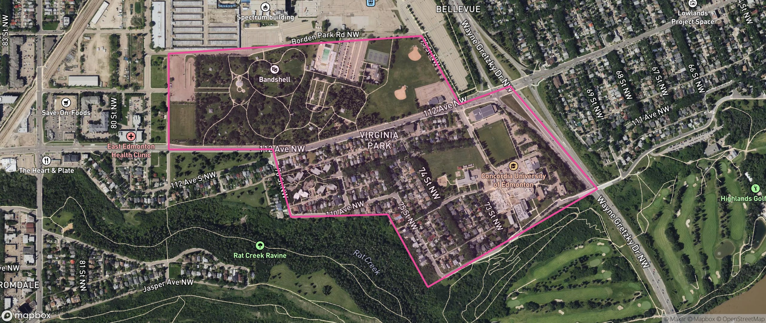 Map of Virginia Park, Edmonton showing the community boundary
