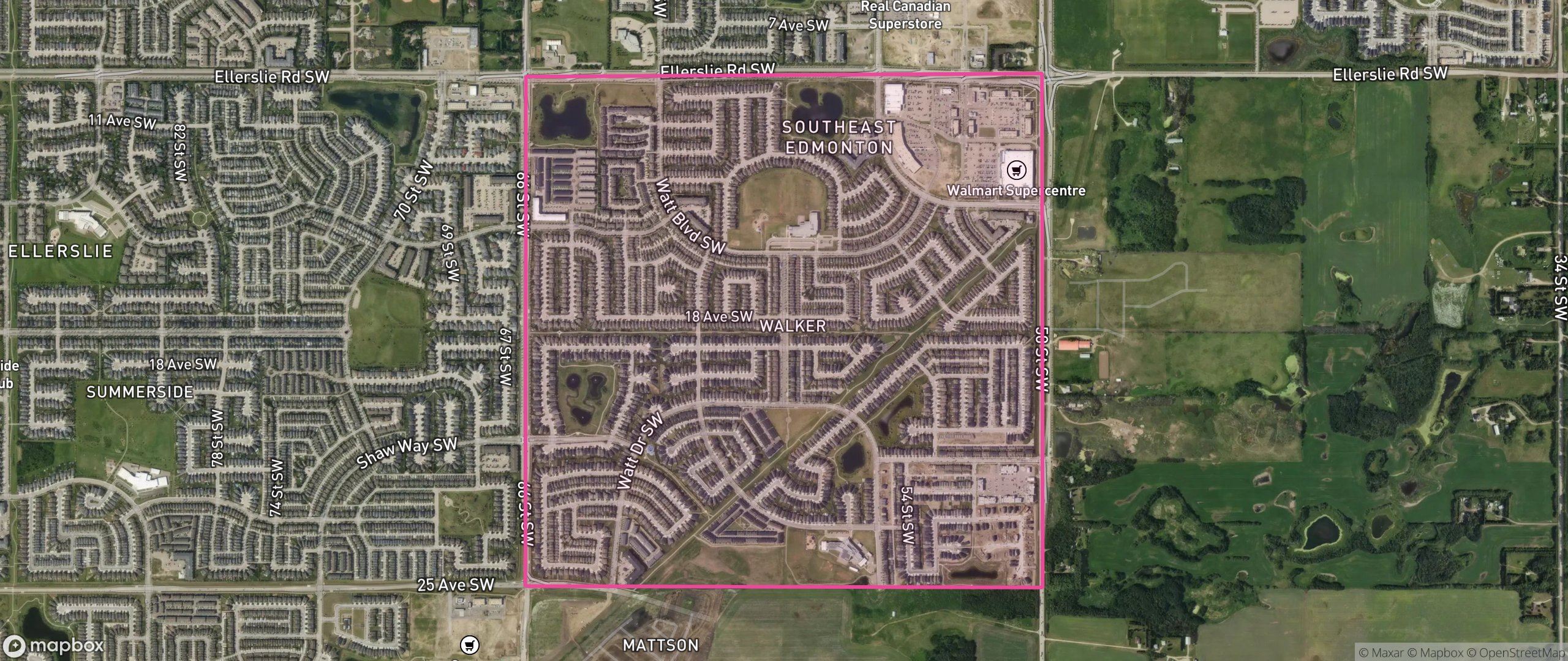 Map of Walker, Edmonton showing the community boundary