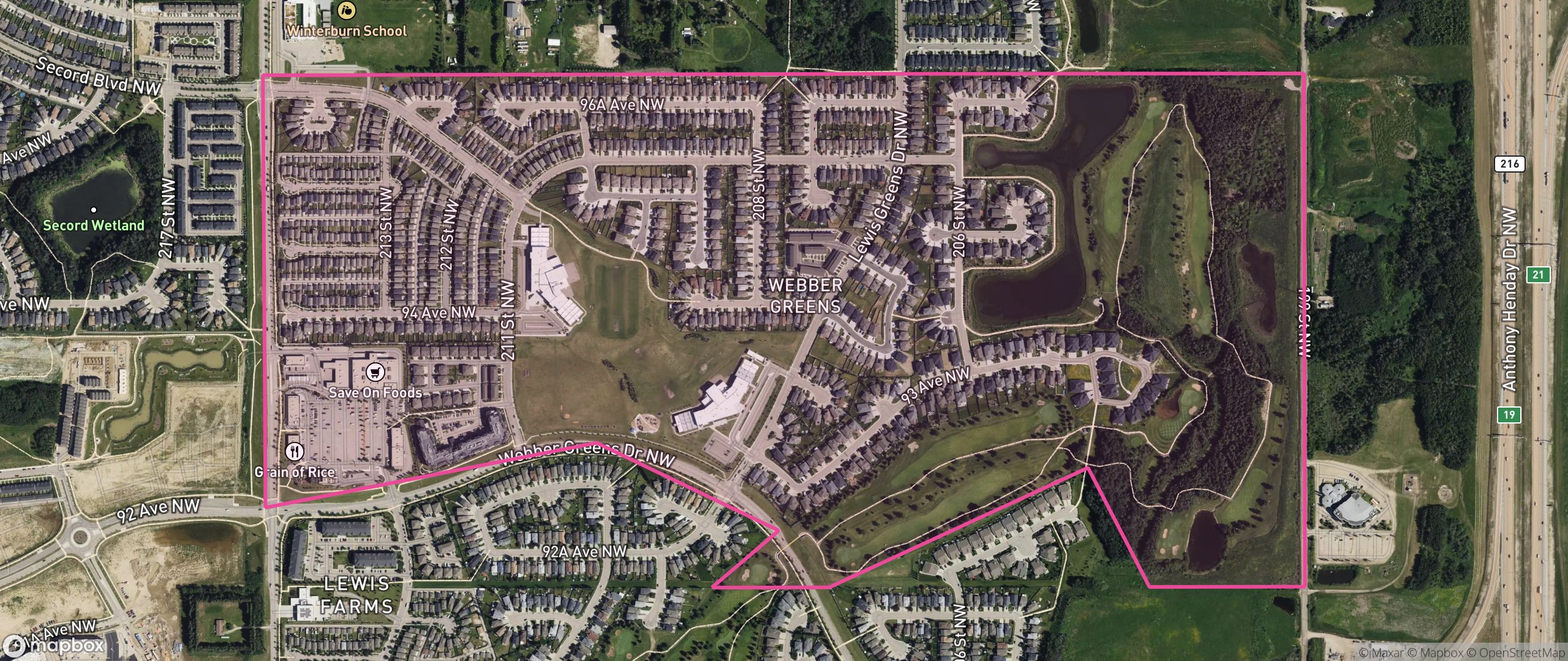 Map of Webber Greens, Edmonton showing the community boundary