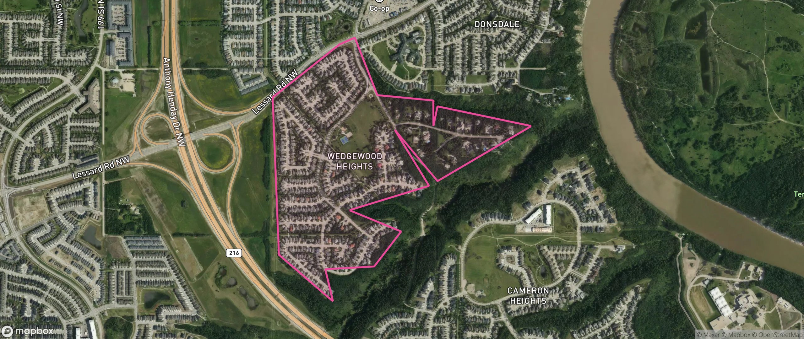 Map of Wedgewood Heights, Edmonton showing the community boundary