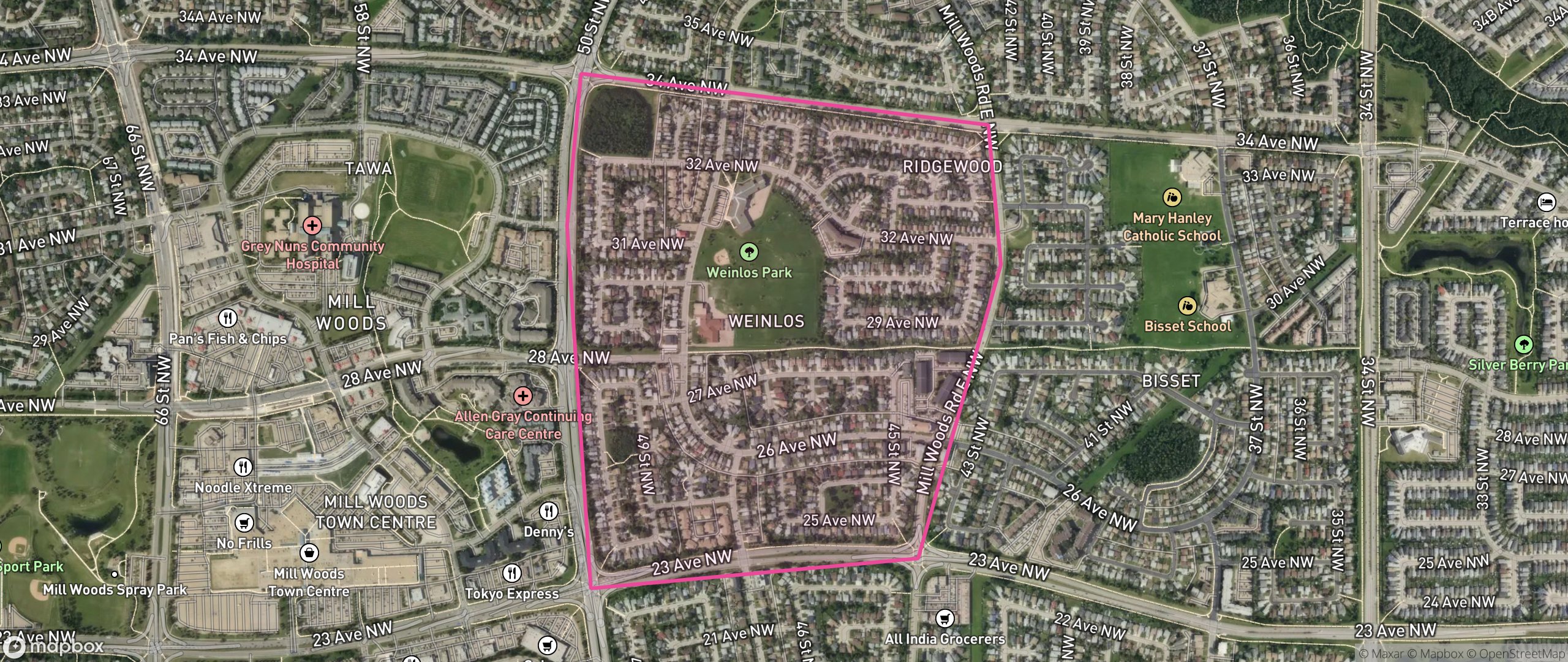 Map of Weinlos, Edmonton showing the community boundary