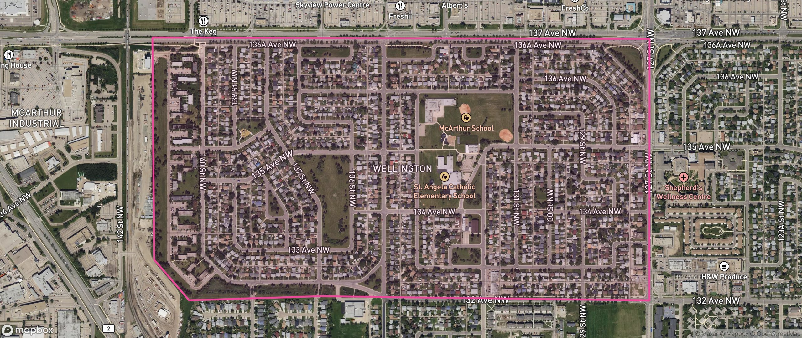 Map of Wellington, Edmonton showing the community boundary
