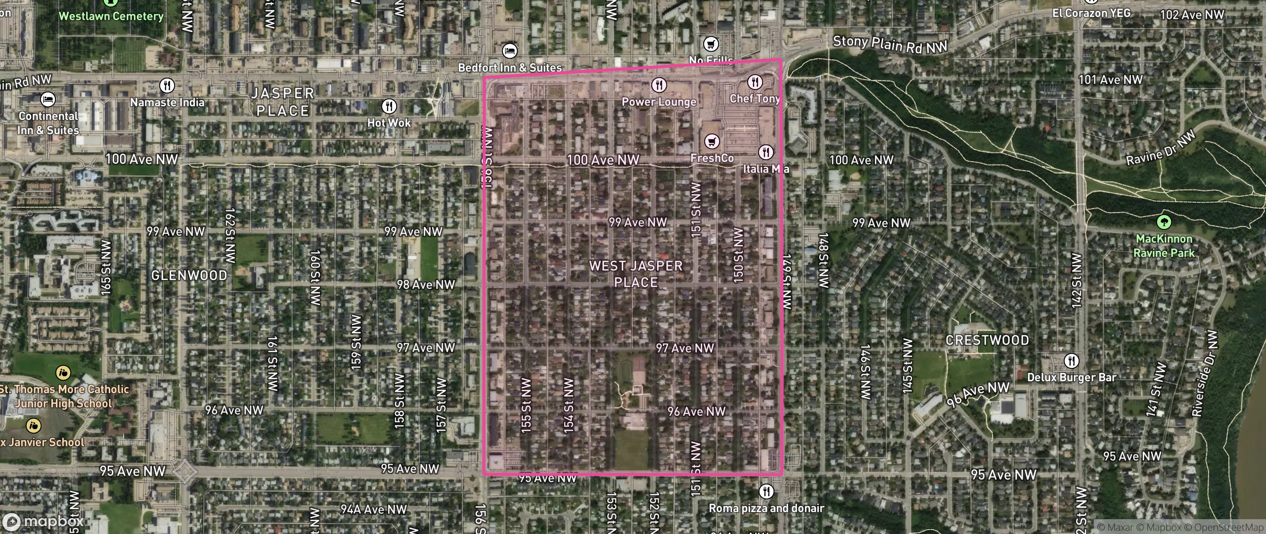 Map of West Jasper Place, Edmonton showing the community boundary