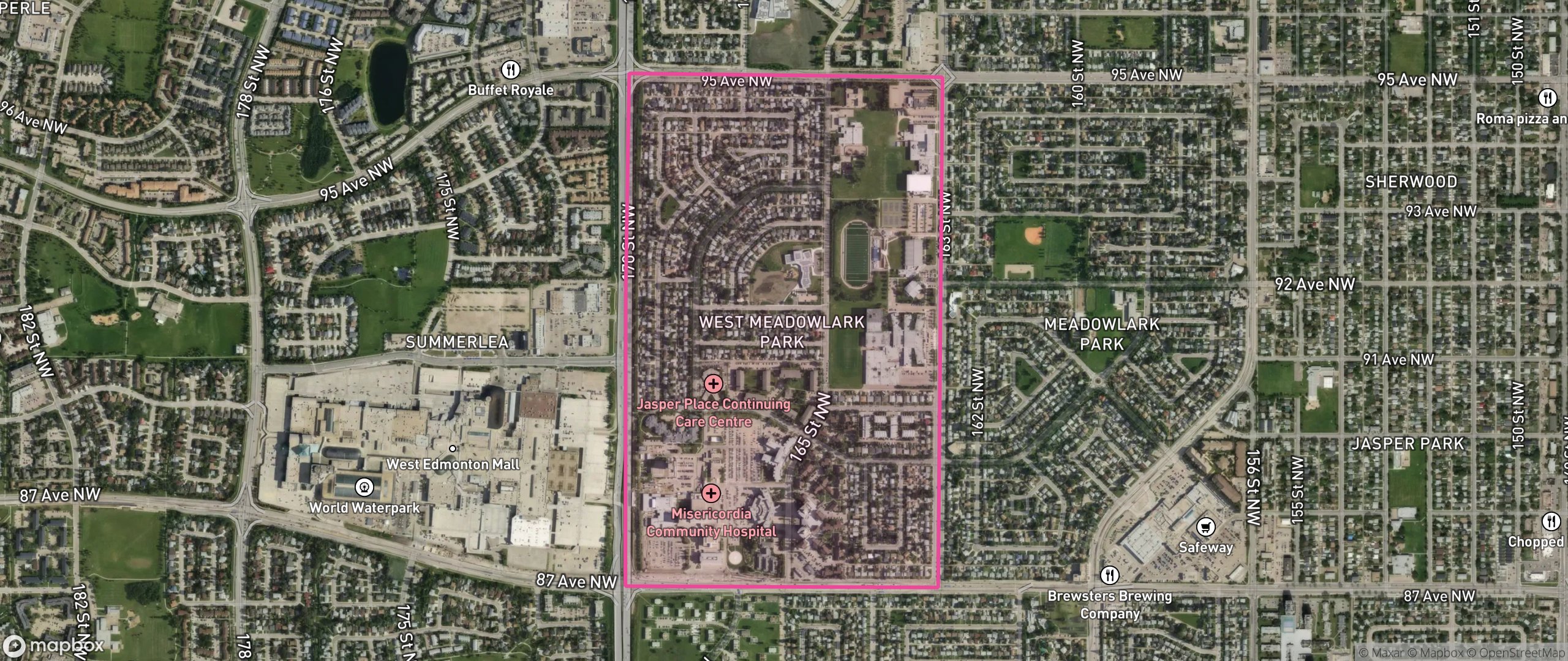 Map of West Meadowlark Park, Edmonton showing the community boundary