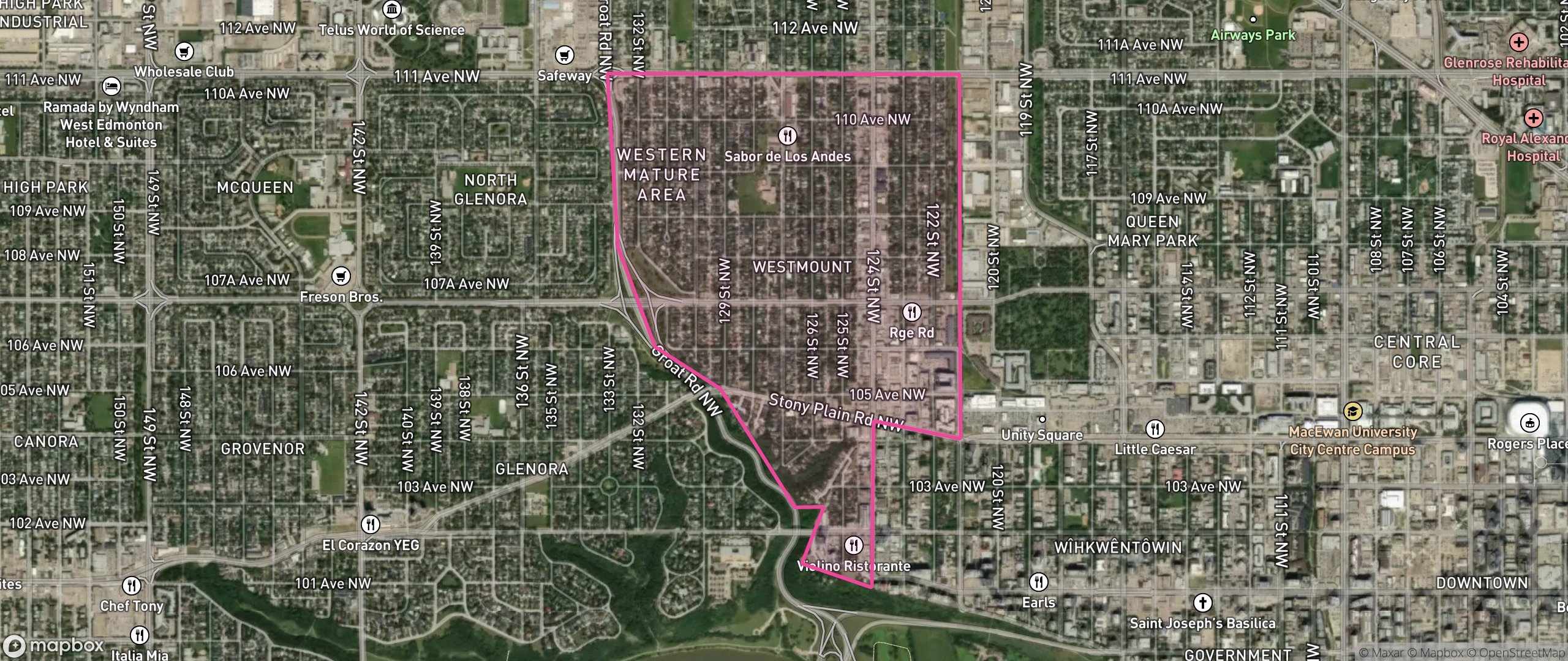 Map of Westmount, Edmonton showing the community boundary