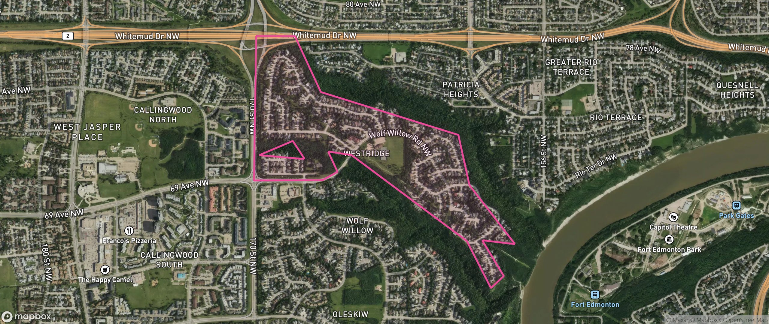 Map of Westridge, Edmonton showing the community boundary