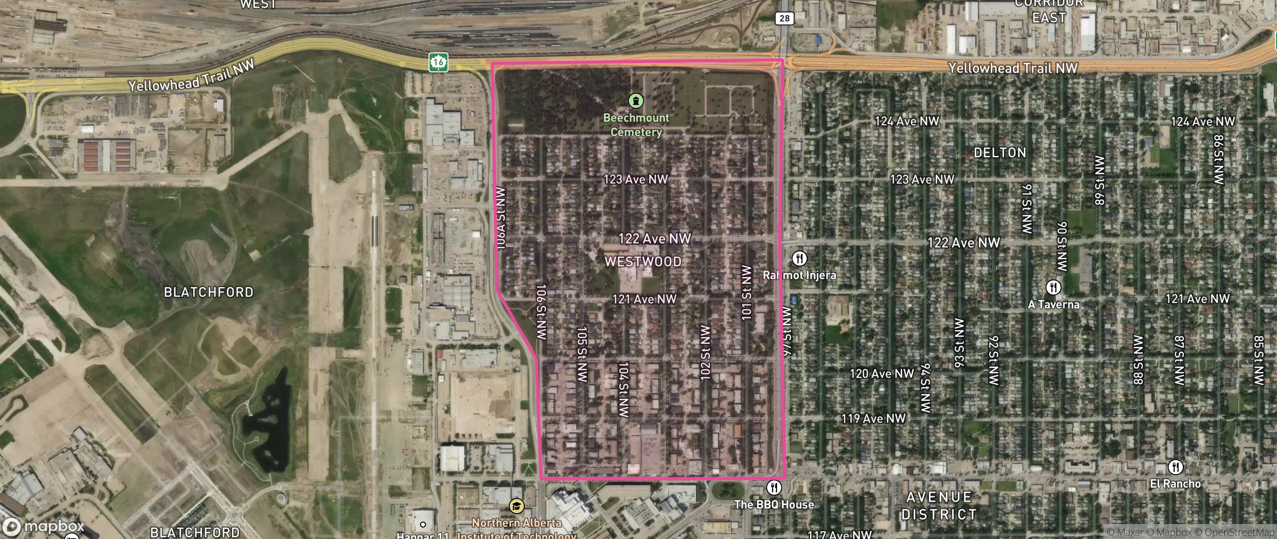 Map of Westwood, Edmonton showing the community boundary