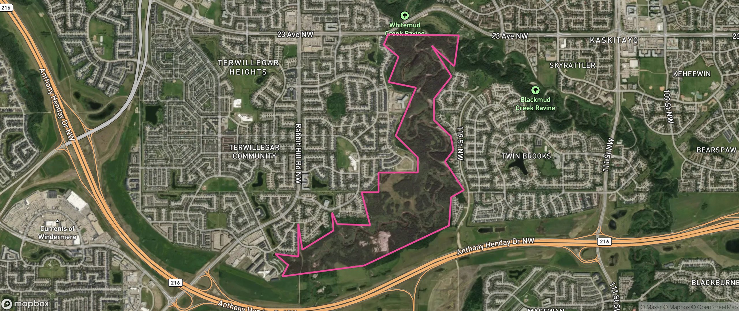 Map of Whitemud Creek Ravine Twin Brooks, Edmonton showing the community boundary
