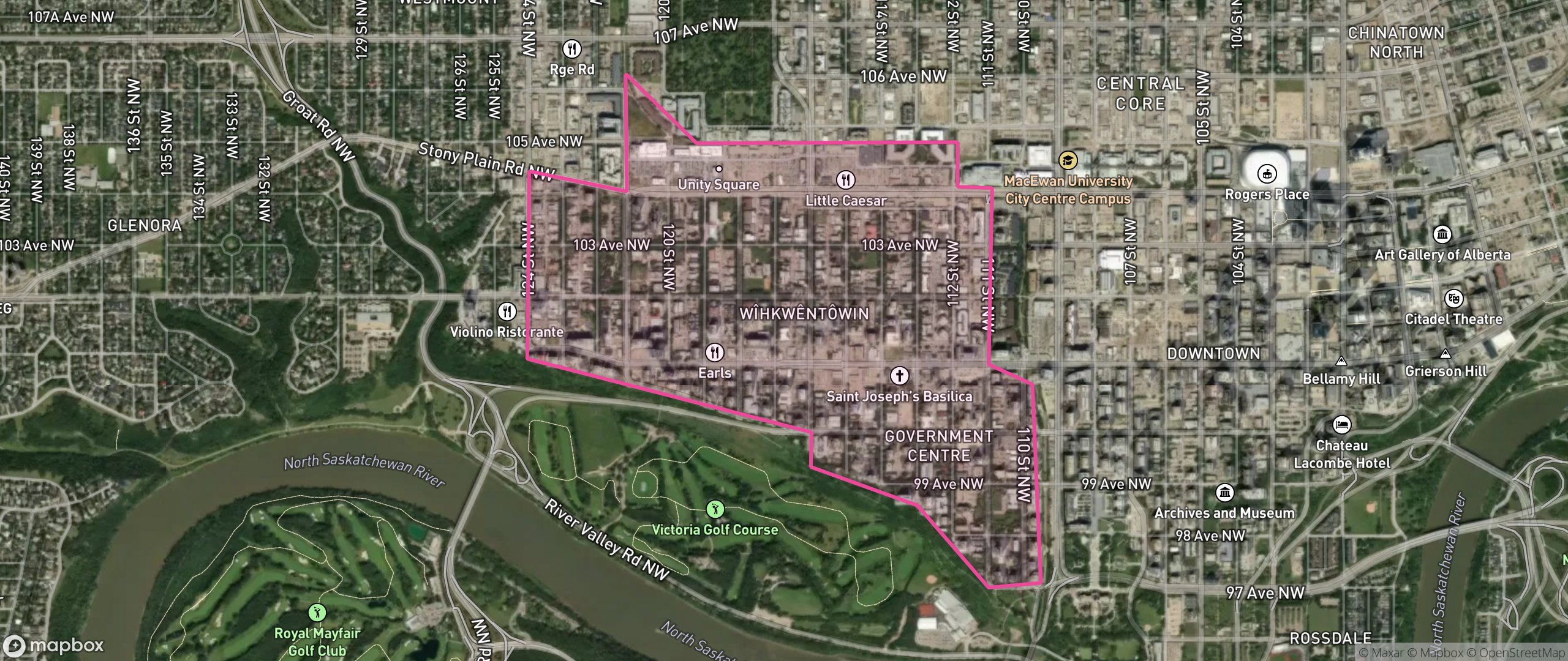 Map of Wîhkwêntôwin, Edmonton showing the community boundary