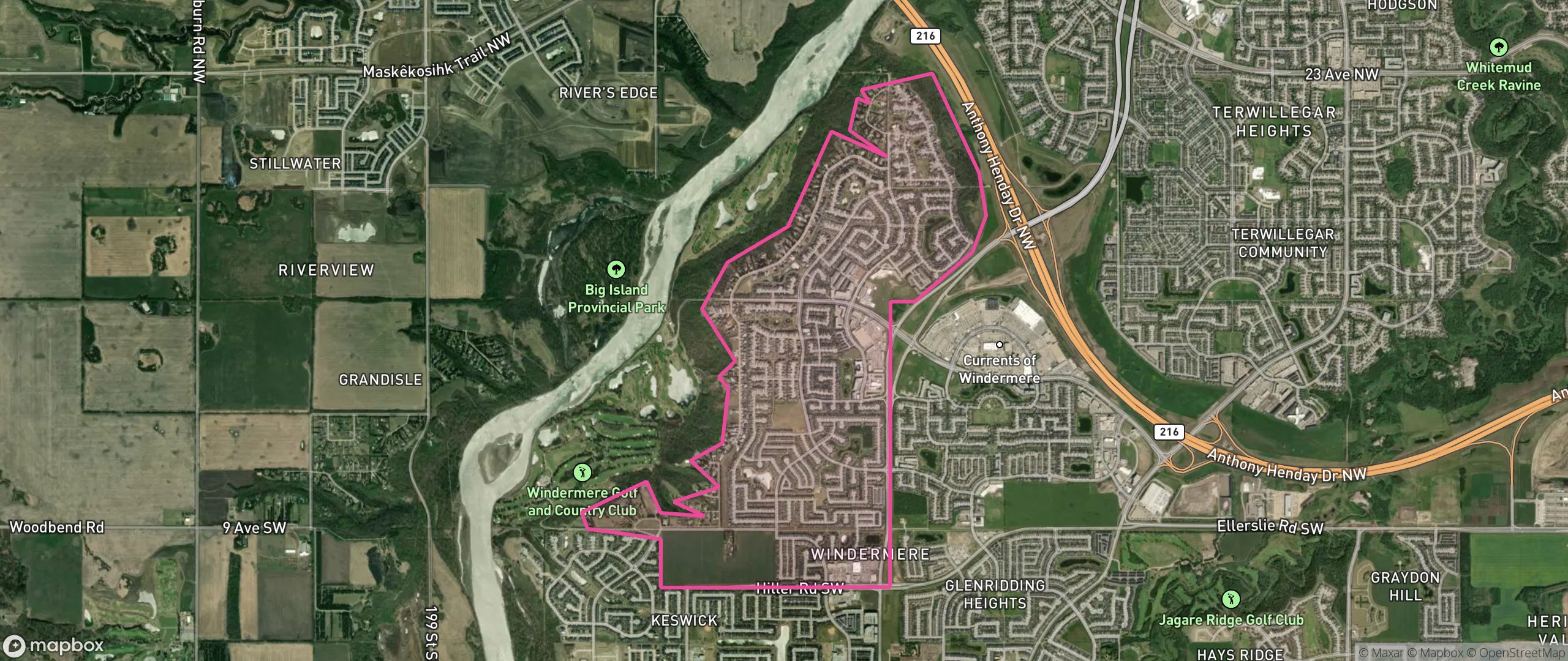 Map of Windermere, Edmonton showing the community boundary