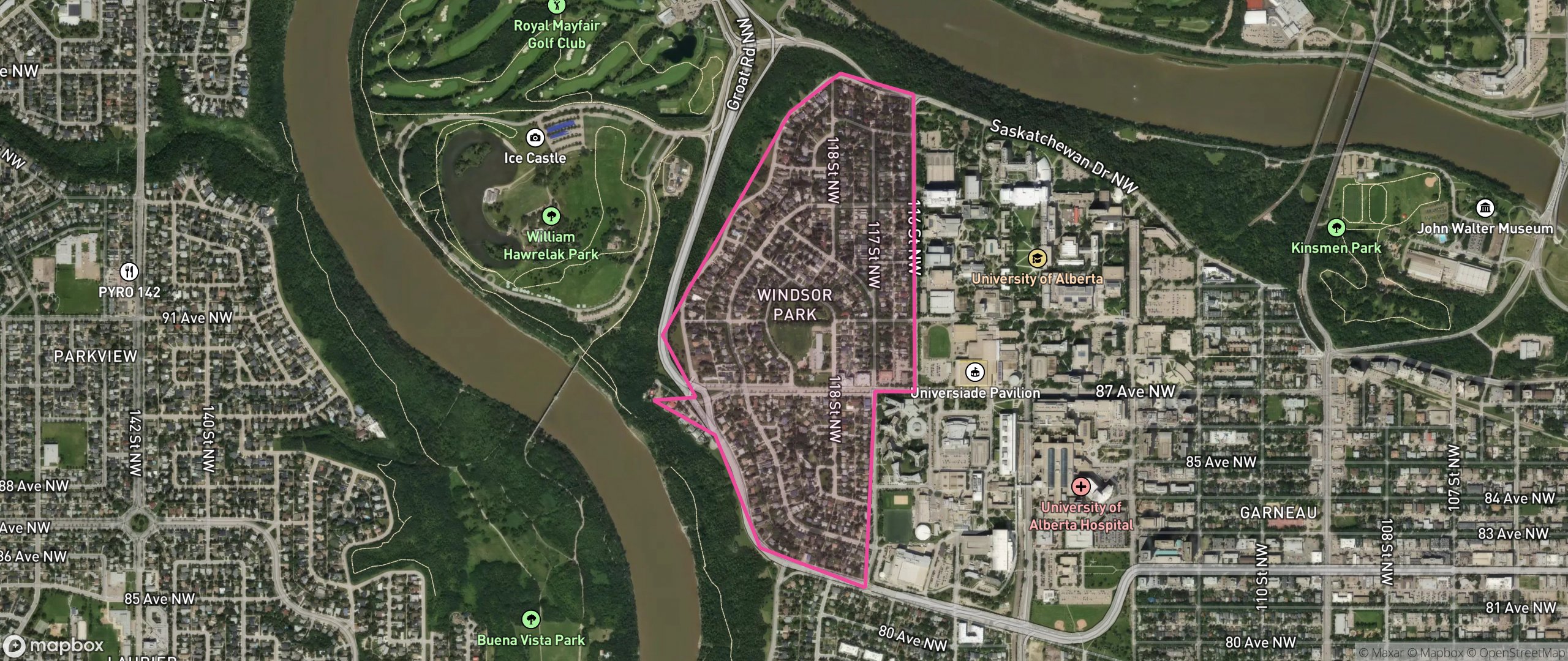 Map of Windsor Park, Edmonton showing the community boundary