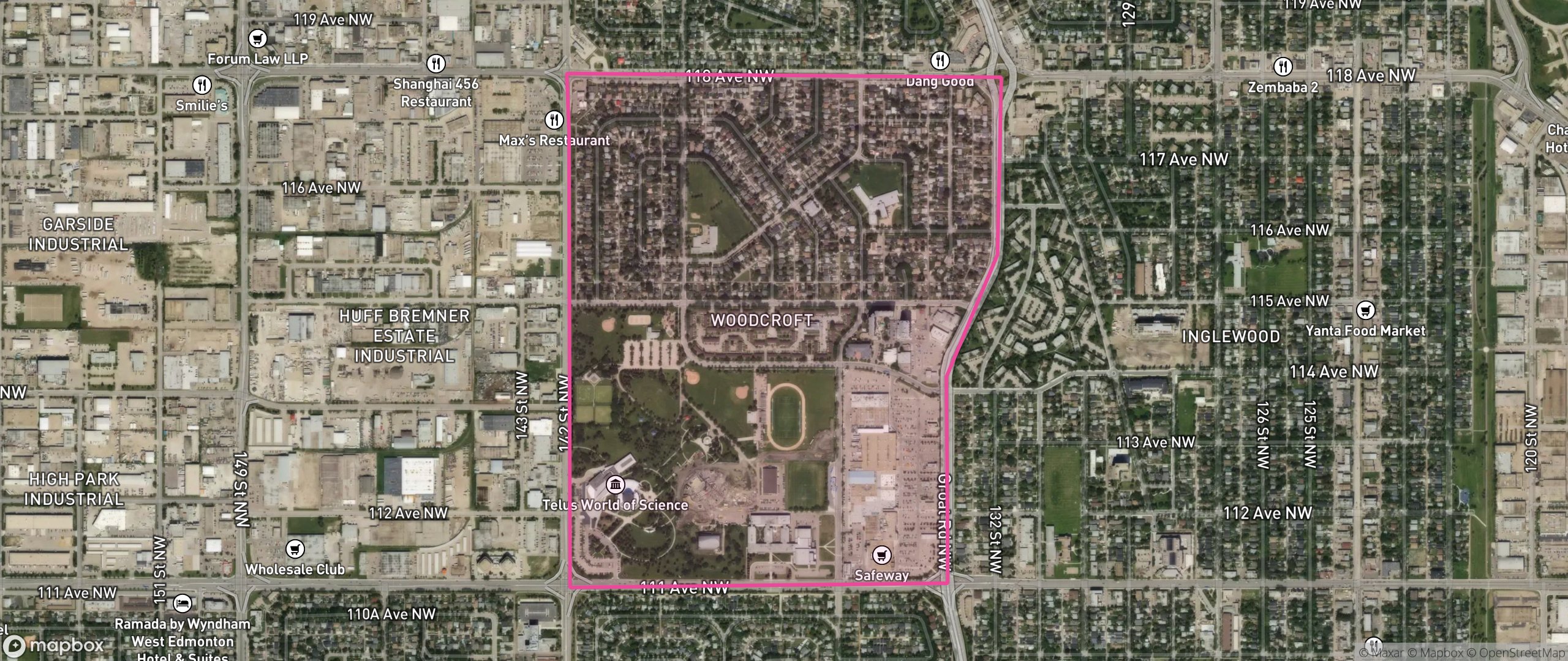 Map of Woodcroft, Edmonton showing the community boundary