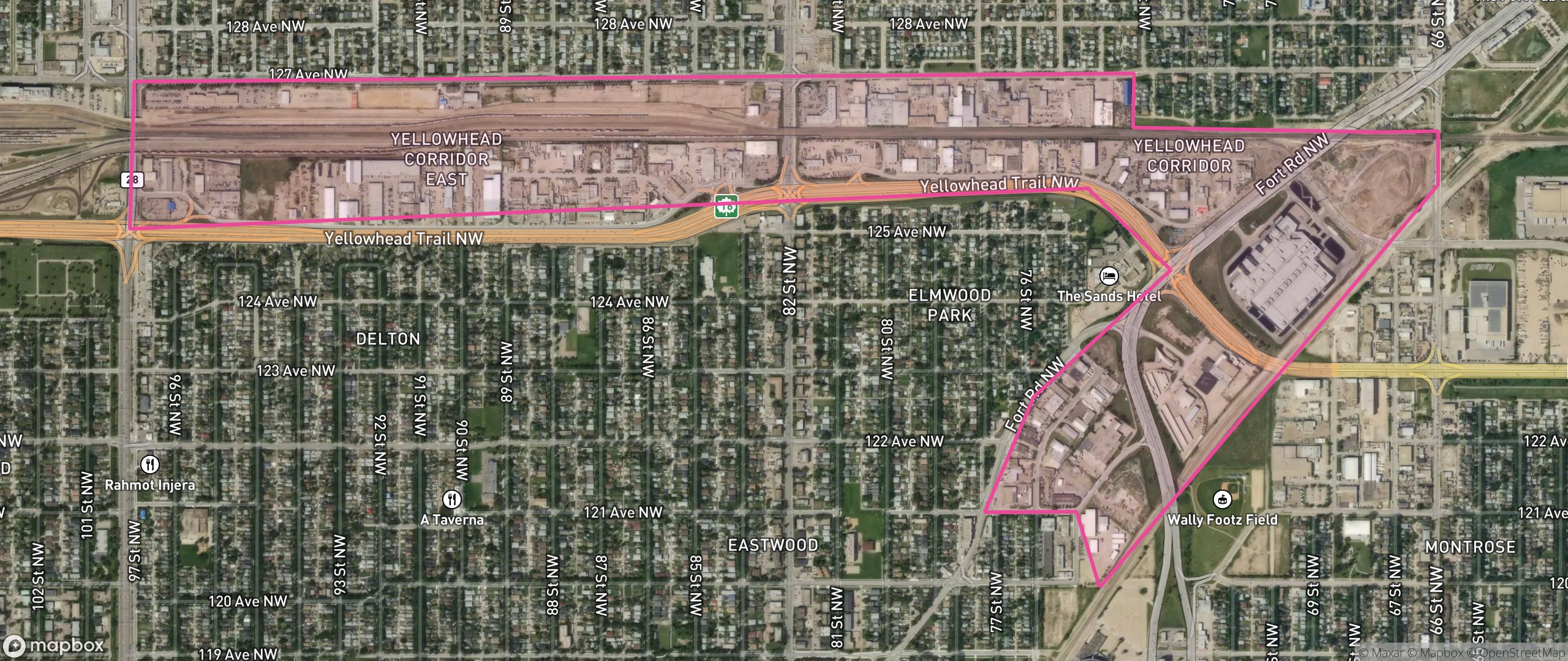 Map of Yellowhead Corridor East, Edmonton showing the community boundary