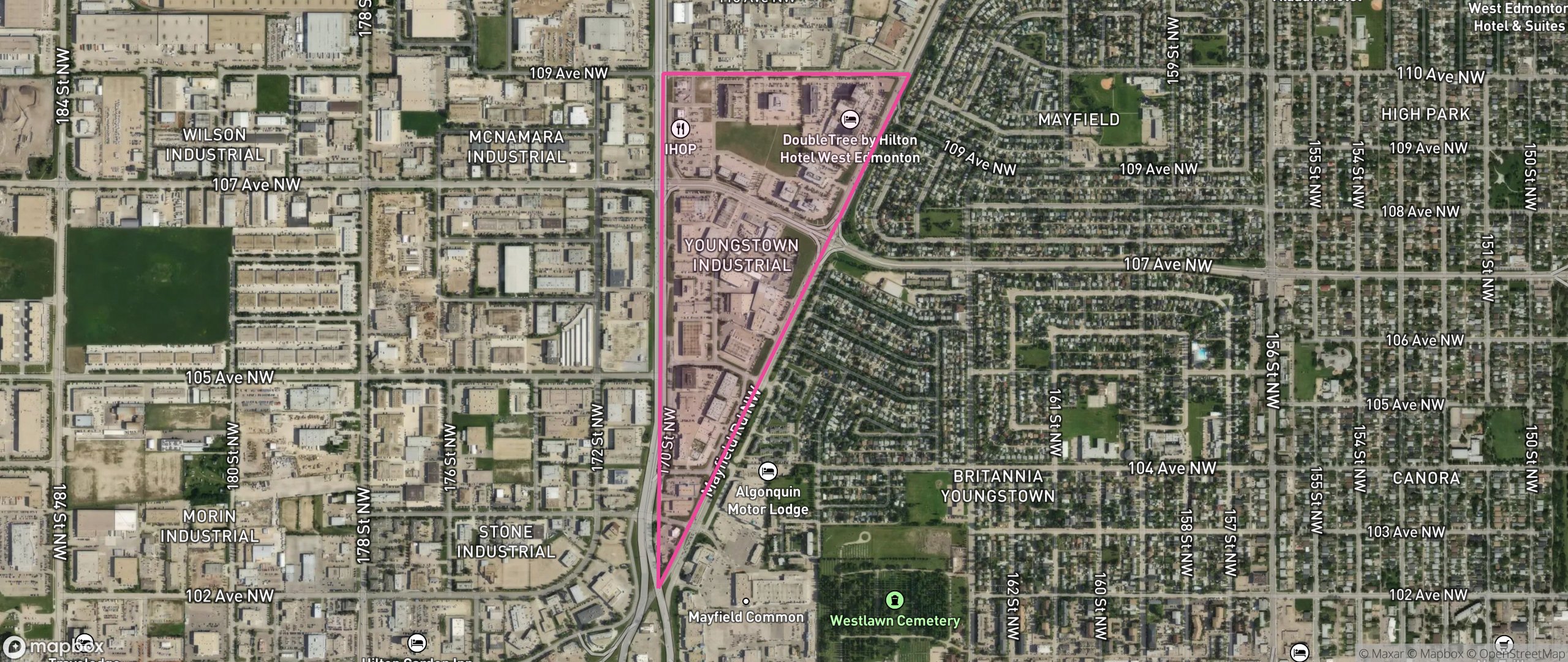 Map of Youngstown Industrial, Edmonton showing the community boundary
