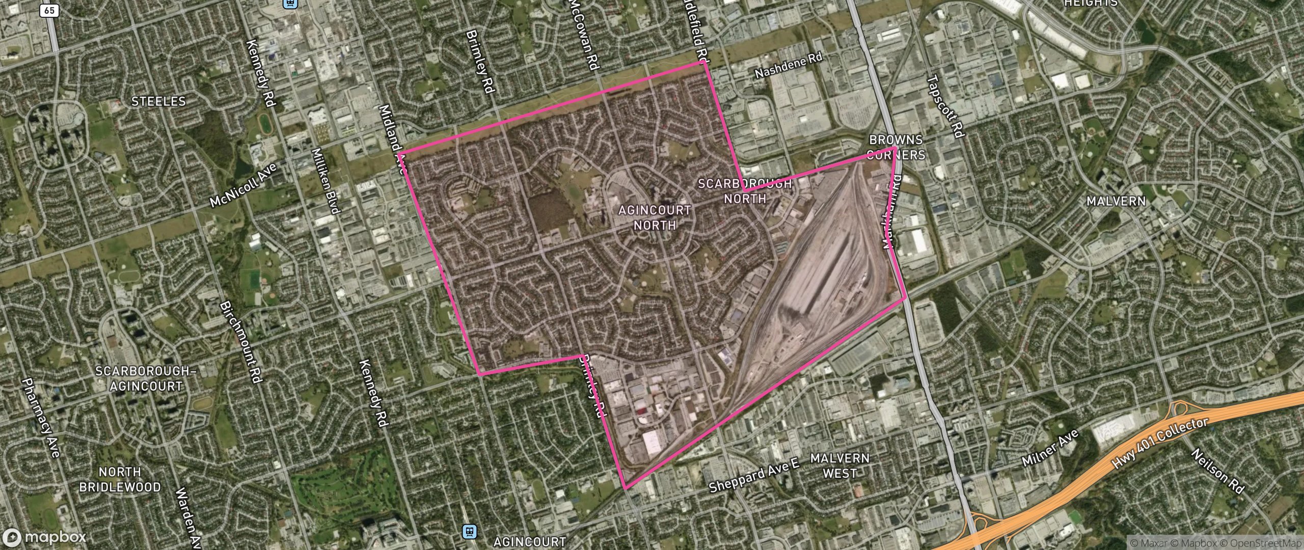 Map of Agincourt North, Toronto showing the community boundary