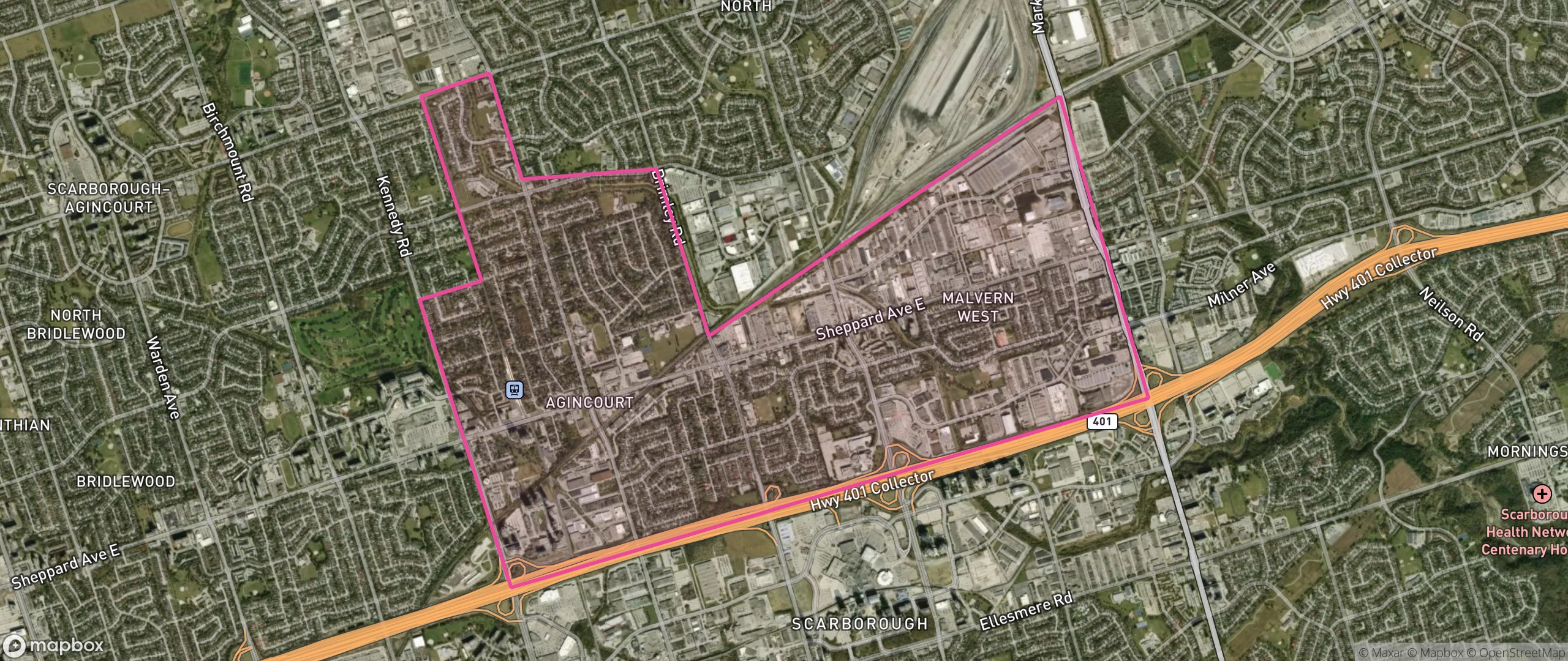 Map of Agincourt South-Malvern West, Toronto showing the community boundary