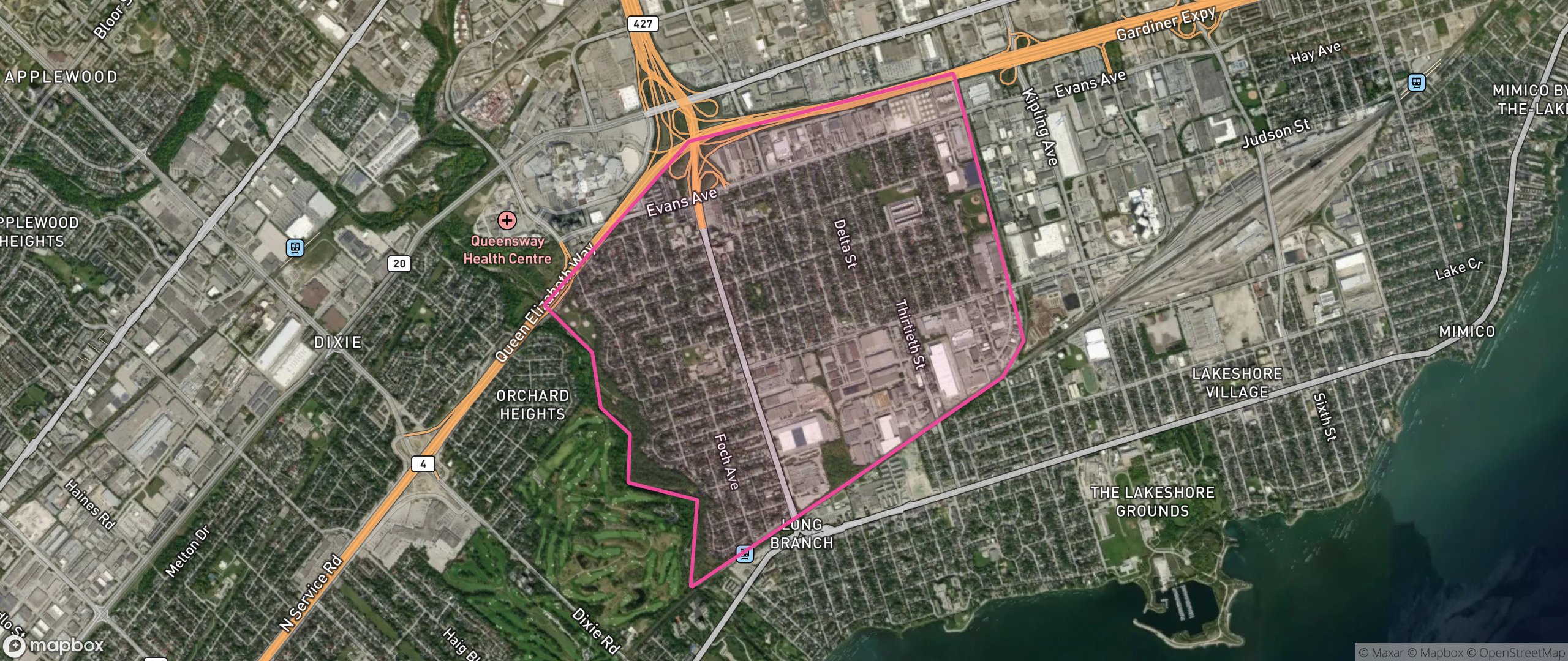 Map of Alderwood, Toronto showing the community boundary