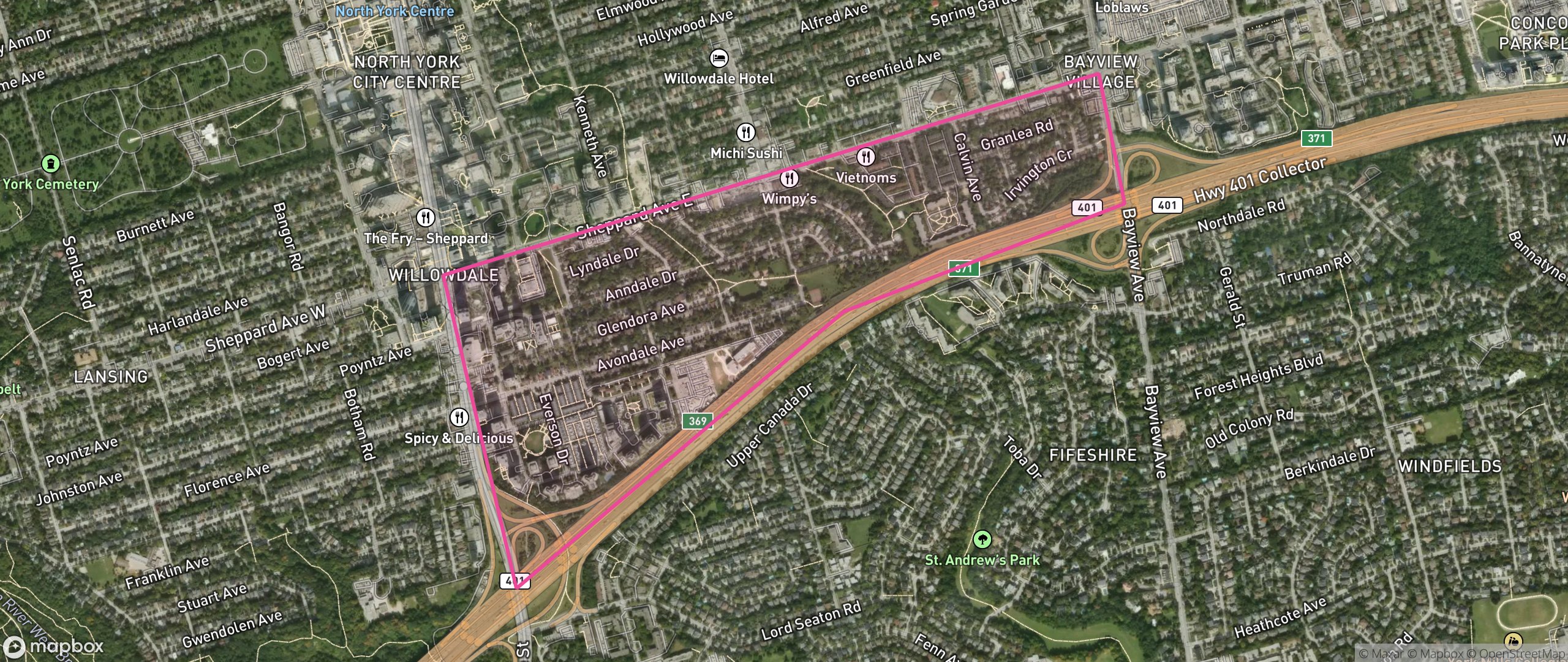 Map of Avondale, Toronto showing the community boundary