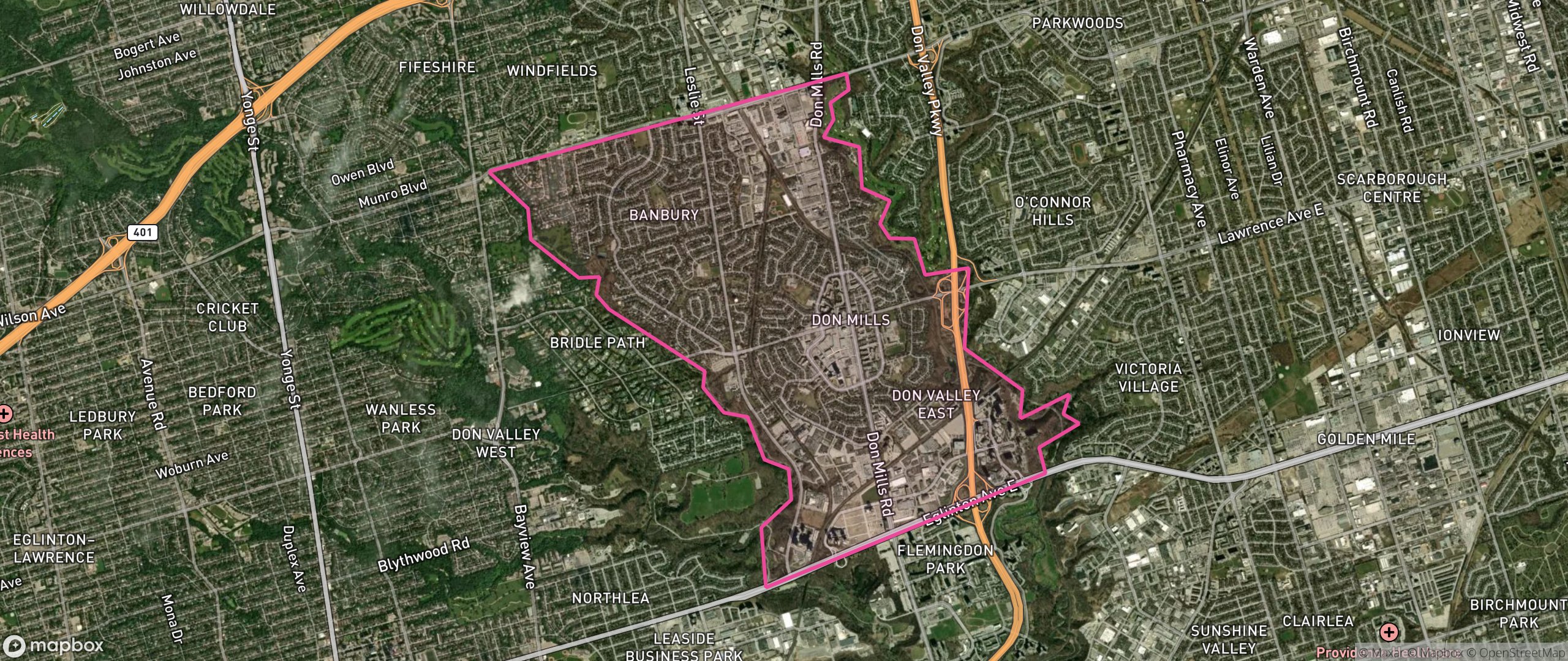 Map of Banbury-Don Mills, Toronto showing the community boundary