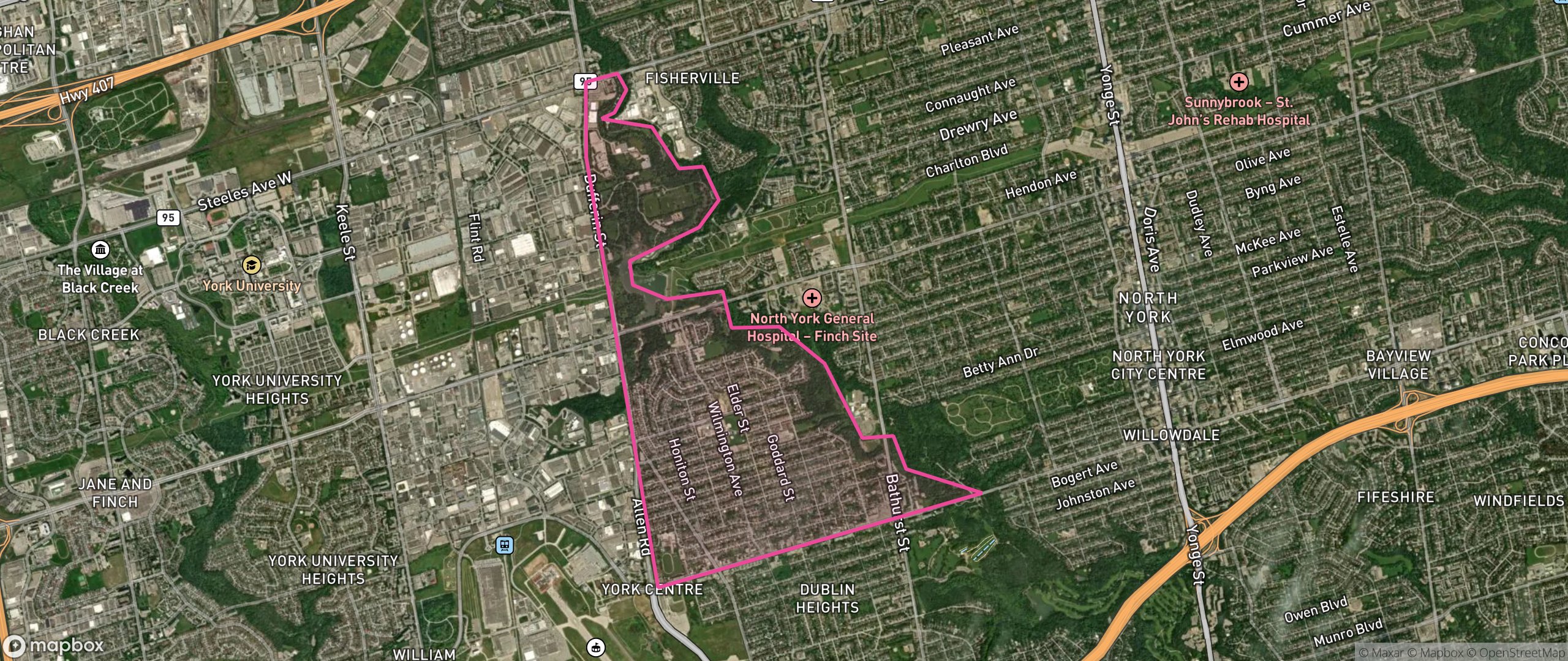 Map of Bathurst Manor, Toronto showing the community boundary